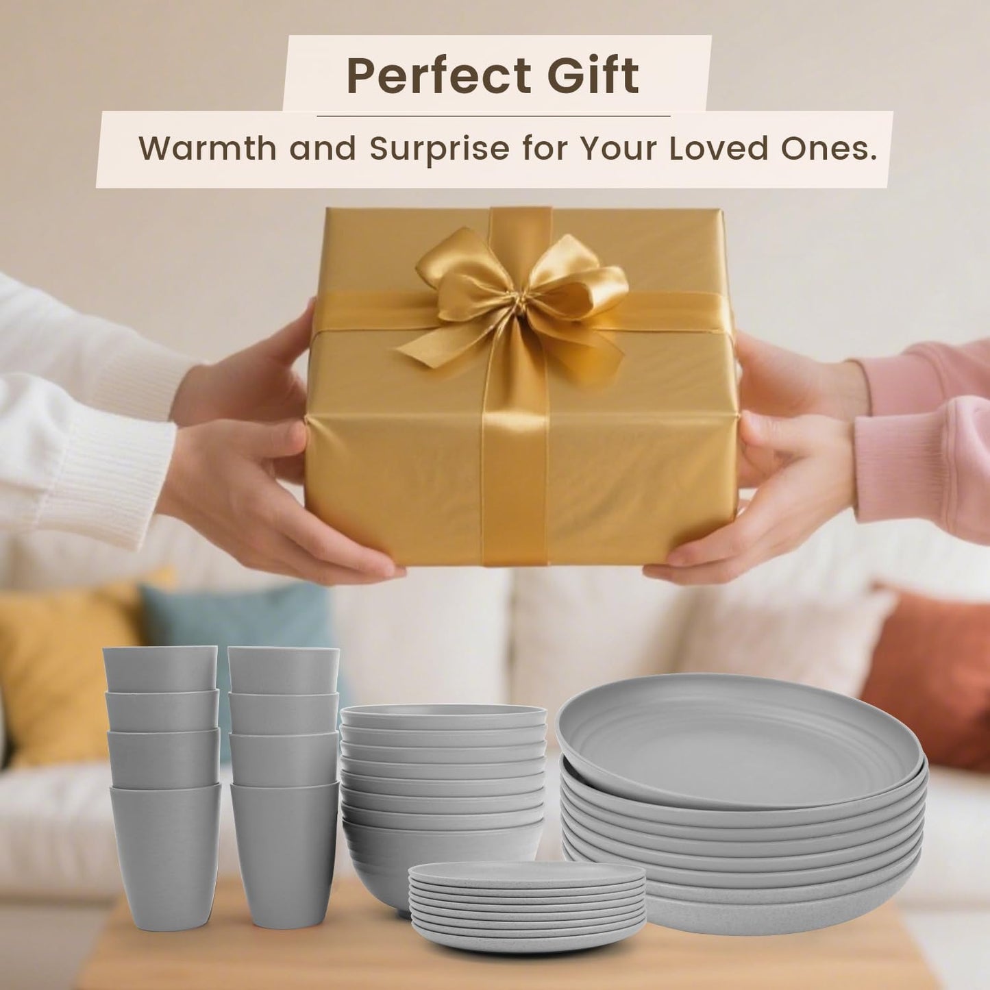 32-Piece Wheat Straw Dinnerware Set for 8 - Unbreakable Grey Plates, Bowls, and Cups, Microwave and Dishwasher Safe, Ideal for Outdoor Camping