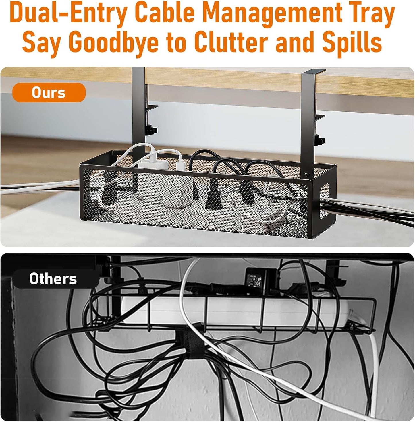 under Desk Cable Management Tray - Cable Management Tray No Drill with F-Clamp Design, Metal Mesh Cord Organizer, Sturdy Wire Organizers for Cords for Home Office Standing Desk, Black