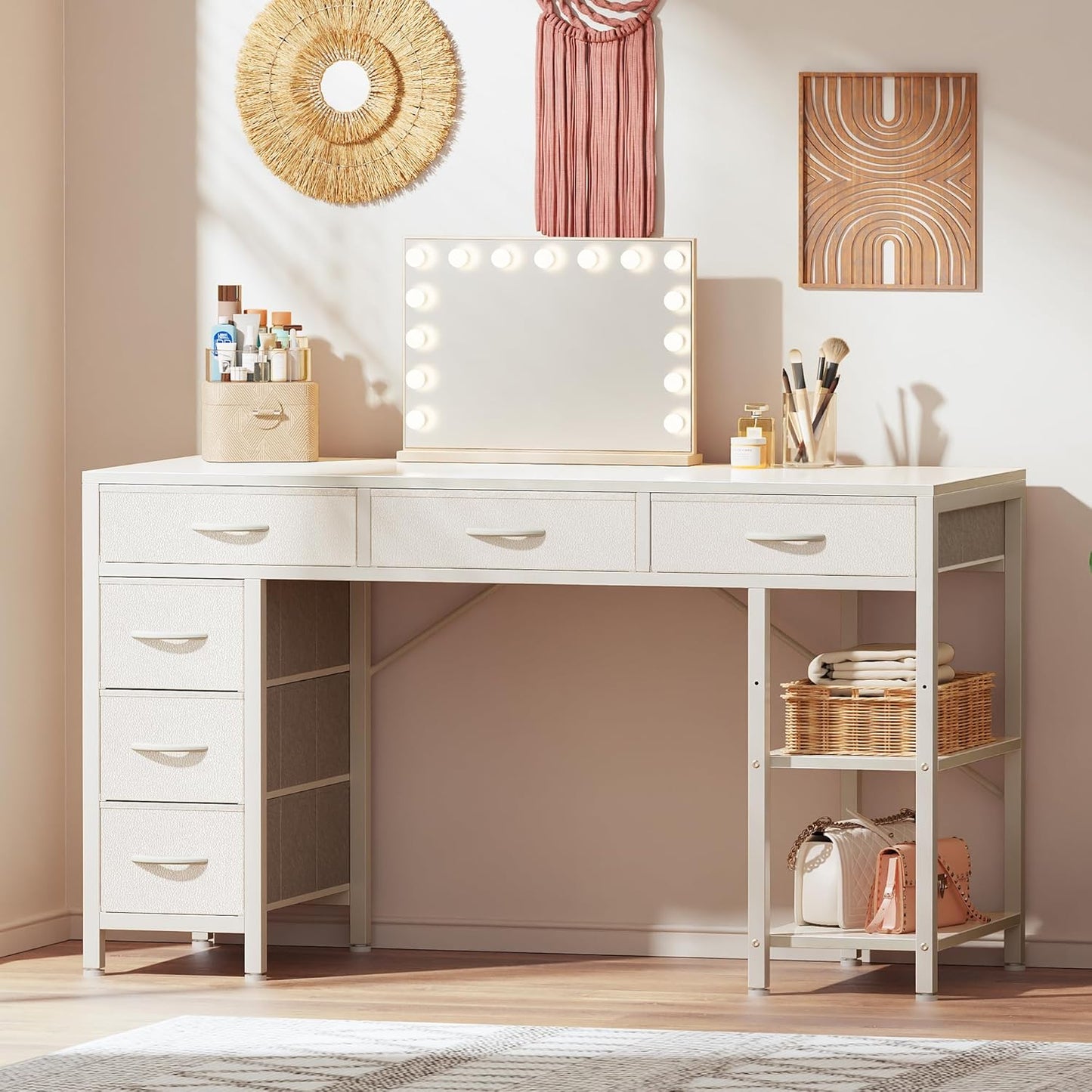 47-Inch Computer Desk with 6 Drawers and Shelves, Reversible Corner Desk for Home Office, Study, and Living Room, White