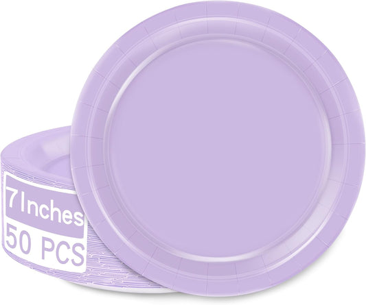 50 PCS Paper Plates, 7 Inches round Lavender Small Paper Plates, Disposable Plates for Party, Disposable Paper Plate Set, Strong and Sturdy Party Favors for Bridal Great Party Graduations Picnic