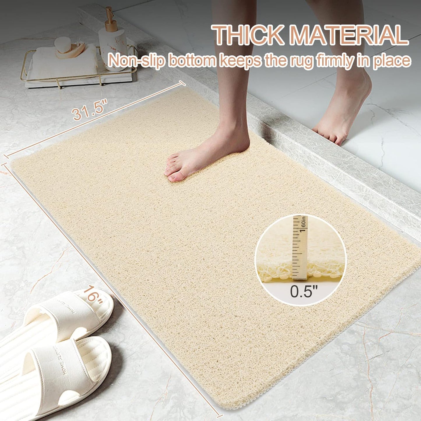 Bathtub Mat Non Slip, Bath Mat for Tub, Shower Mats for inside Shower, 17X24 Inch, PVC Loofah Bathroom Mats for Wet Areas, Quick Drying, Beige