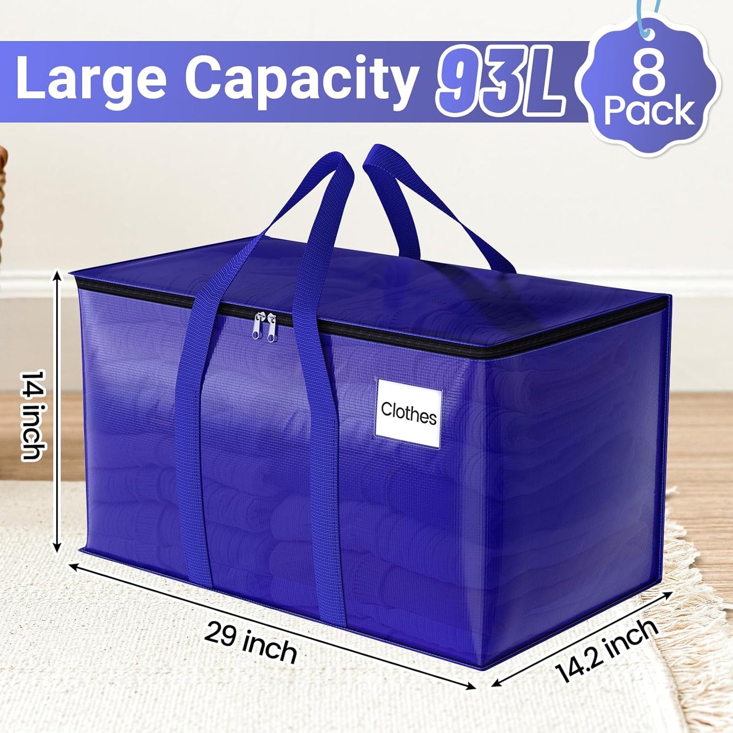 Moving Storage Bags, Moving Supplies Packing Boxes for Moving, Camping, College Dorm Room Essentials for Girls, Blue Tote Bags, Heavy-Duty Storage Bins with Lids and Zippers, 93L 8Pack