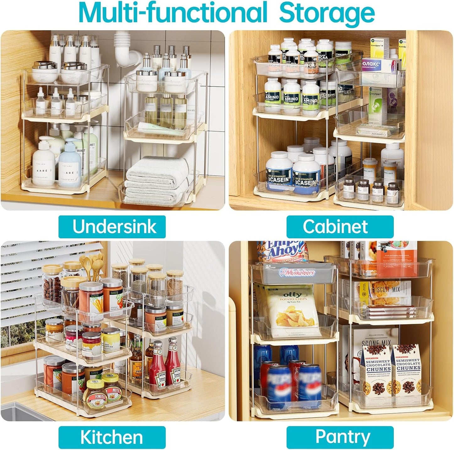 2 Sets of 3-Tier Bathroom under Sink Organizers and Storage, Multi-Purpose Stackable Pantry Organization and Storage, Beige