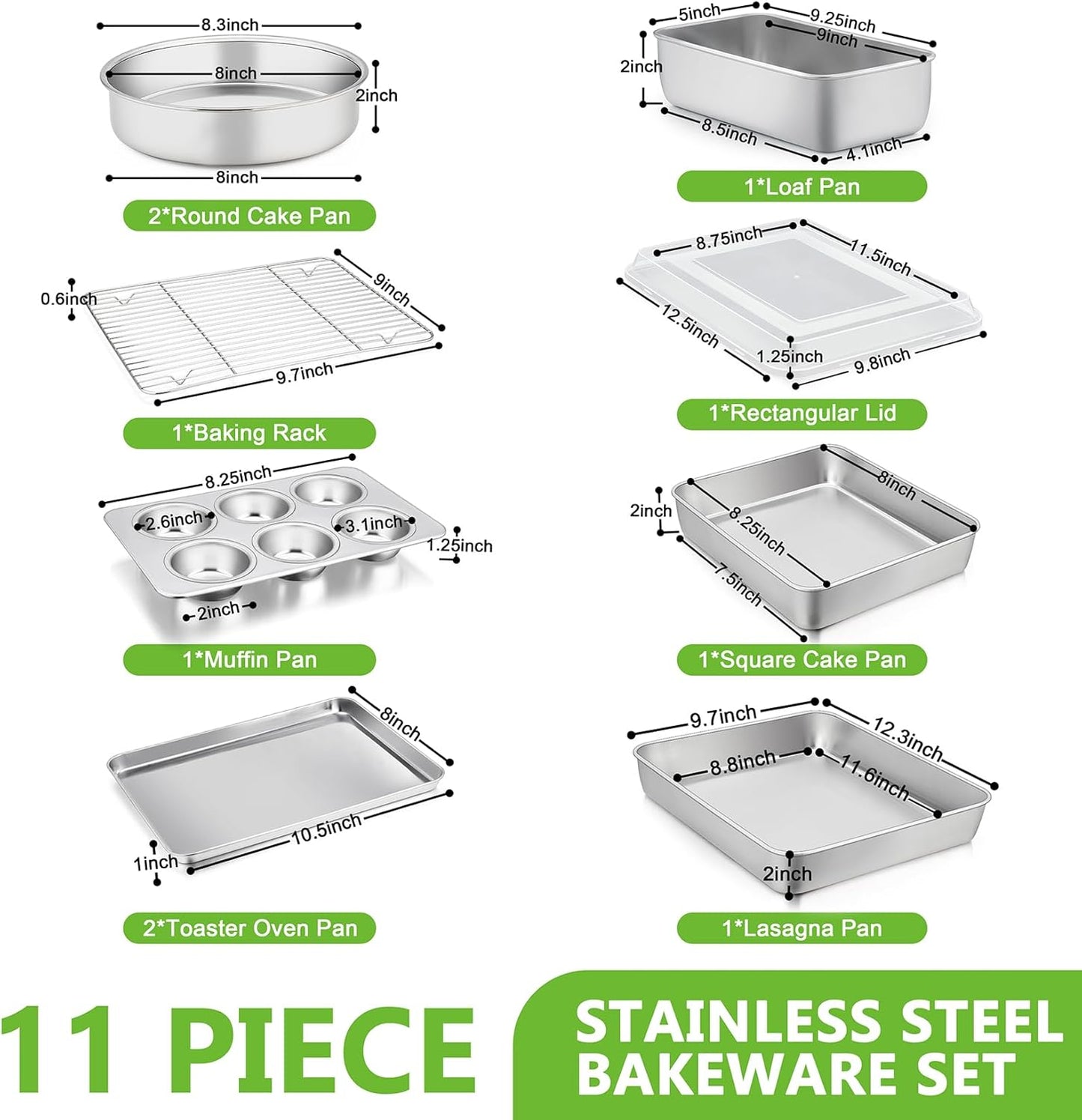 Bakeware Sets of 11, Stainless Steel Baking Pans Set, Includes Baking Sheets and Rack, Lasagna Pan with Lid, Round/Square Cake Pan, Muffin Pans, Loaf Pan, Reusable & Durable