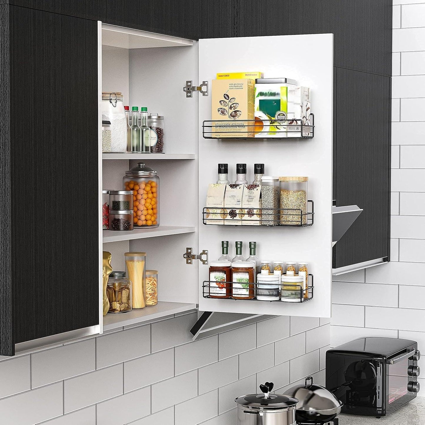 Spice Rack Organizer Wall Mount (6Pack), Hanging Black Spice Pantry Organization Storage Shelf, Farmhouse Seasoning Organizer, Flexible Wall Shelves, Kitchen Essentials Home Decor