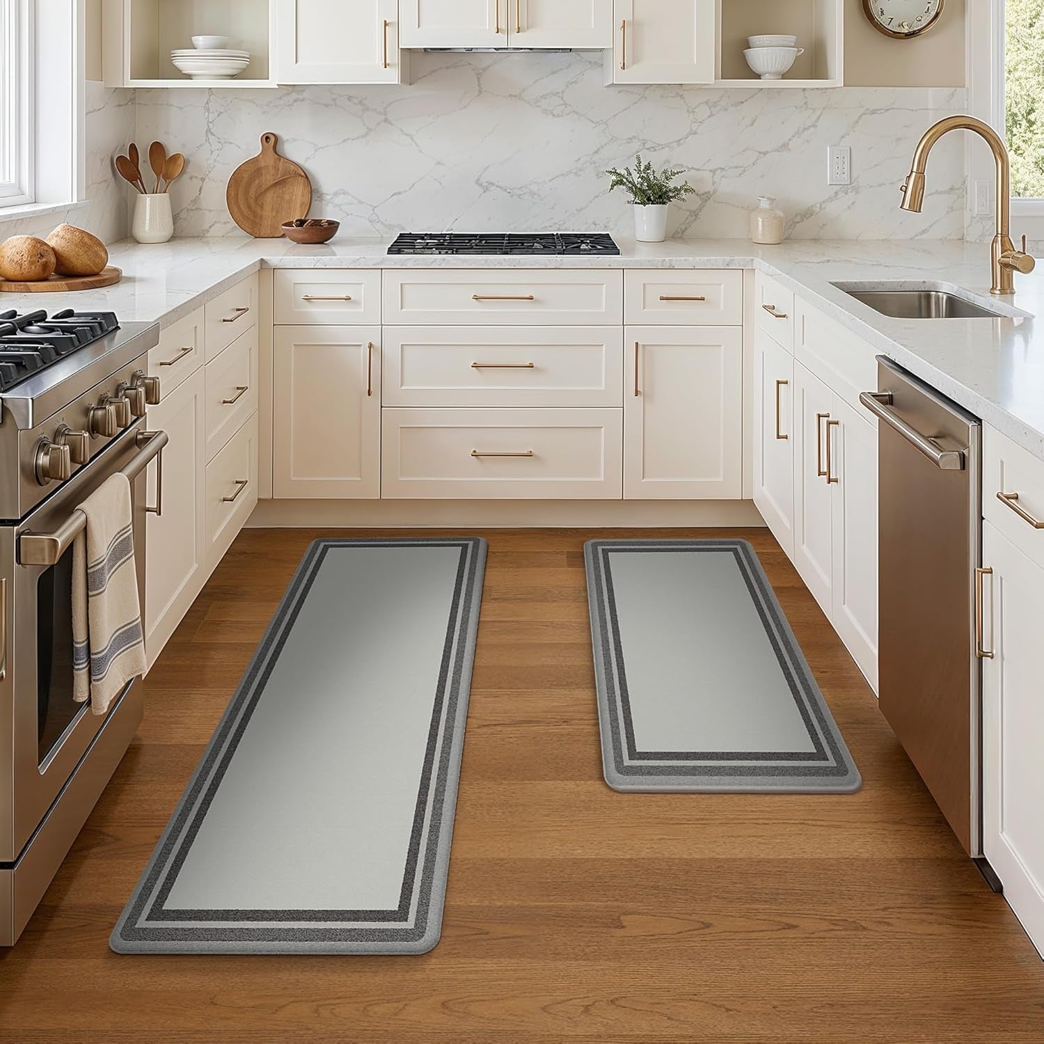 Kitchen Mats for Floor 2 PCS Cushioned Anti-Fatigue, Geometric Waterproof Kitchen Rugs Non Slip Washable, Comfort Standing Mat Rug for Kitchen, Office, Laundry, Lightgrey, 17"X 47"+17"X 30"