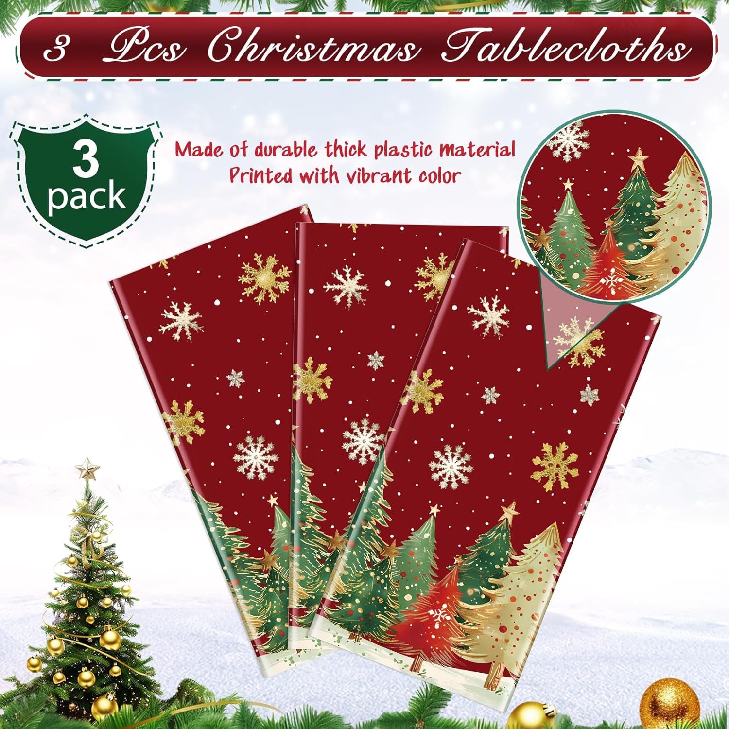 3Pcs Christmas Disposable Tablecloths Rectangle,Christmas Trees Red Plastic Table Cloth,Waterproof Winter Snowflakes Table Cover for Xmas Holiday Home Dinner Party Decorations,54 X 108 Inch