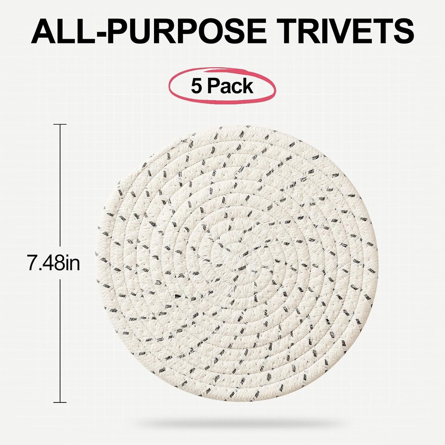 5 Pieces Trivets for Hot Dishes, Potholders Set 100% Cotton Woven Hot Pot Holders Set, Farmhouse Coasters, Hot Pads, Table Mats, Spoon Rest for Baking and Cooking, Kitchen Decor, 7 Inch