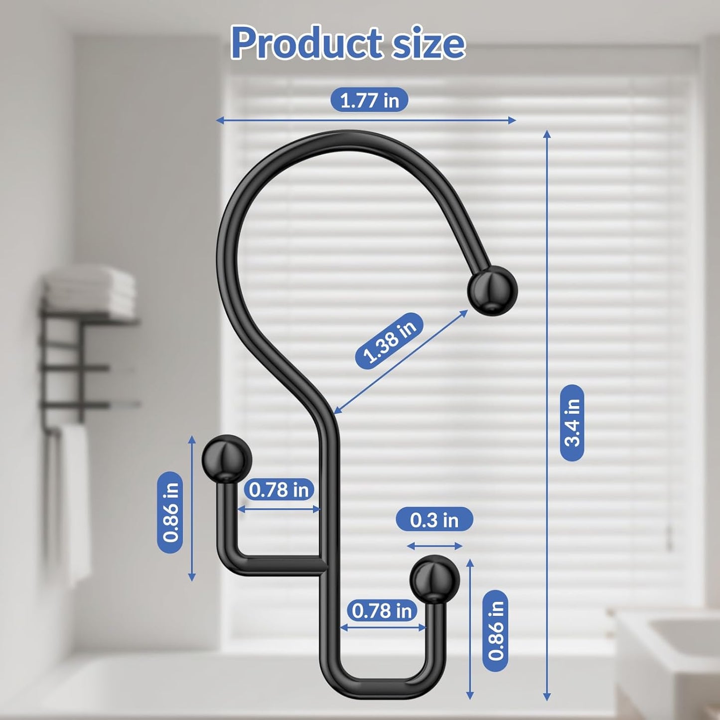 Shower Curtain Hooks, Black Shower Curtain Hooks Rust Proof, Anti-Drop Metal Shower Curtain Rings Hooks, Double Shower Hooks for Shower Curtain, Shower Rings for Curtain & Liner, Black-12 Pcs