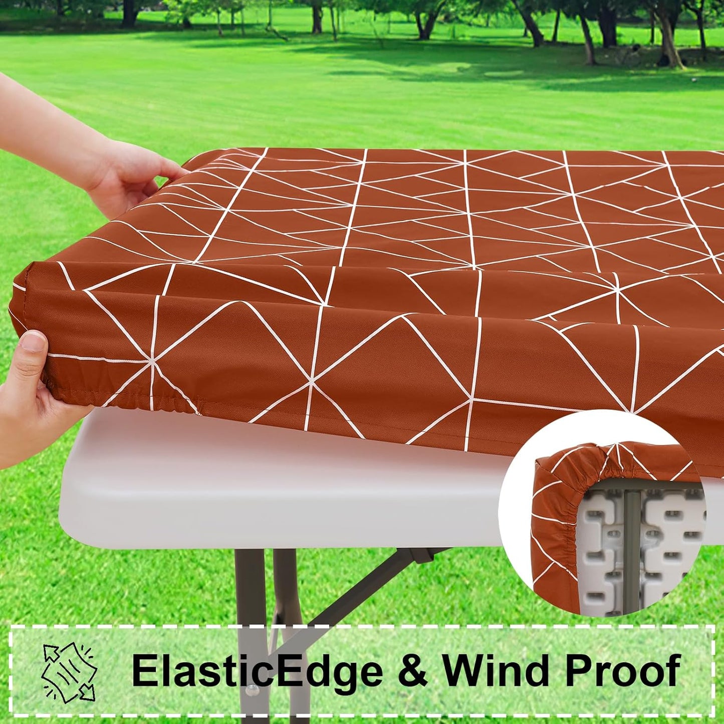 Rectangle Vinyl Tablecloth, 4 Foot Elastic Fitted Table Cover with Flannel Backing, 100% Waterproof Plastic Table Cloth for Picnic, Camping, Outdoor (Rust, 30X48 Inch)