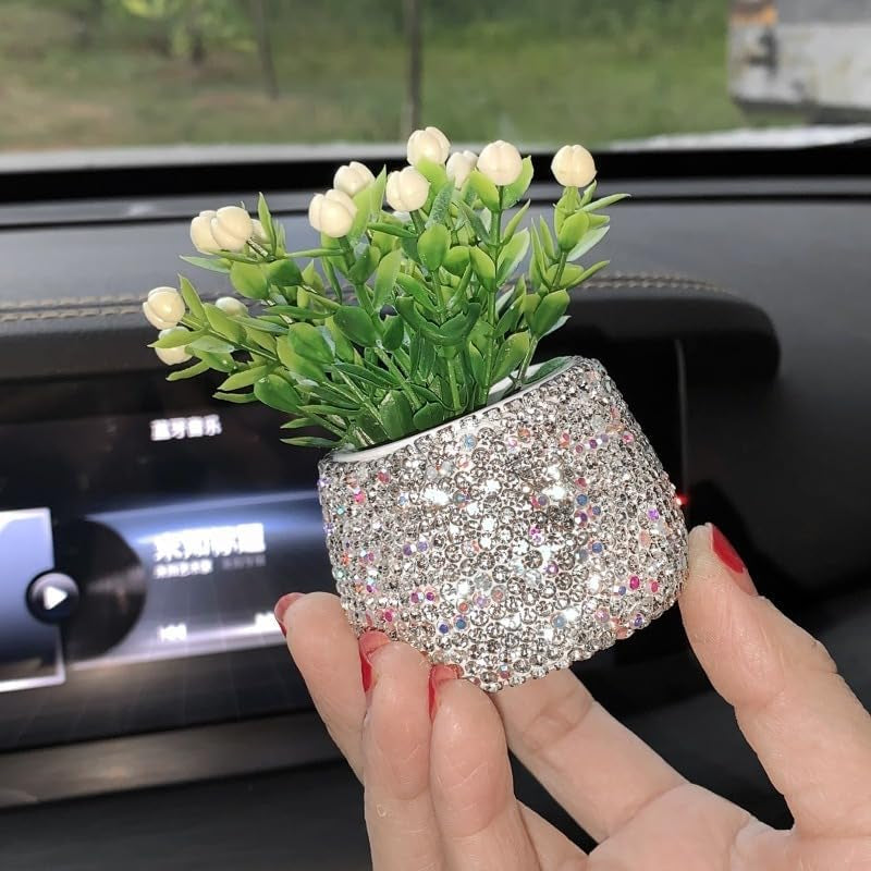 Flower Car Accessories Bling Dashboard Decorations, Car Flower Vase Decals, Cute Car Interior Decor, Bling Desk Flowers for Women Office Girl Gifts