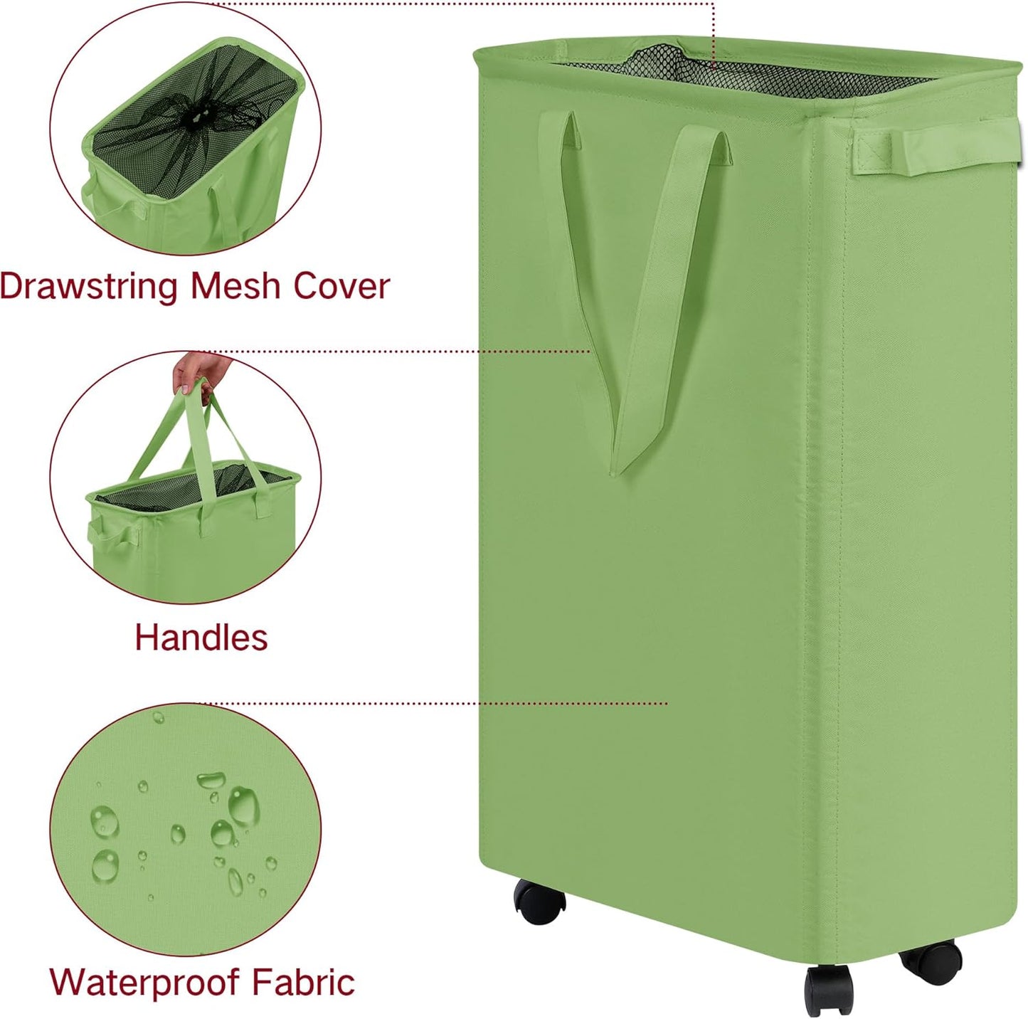 Slim Laundry Hamper with Wheels, Rolling Laundry Basket for Clothes, Small Laundry Basket for Bedroom, Dorm and Laundry Room, 60L (12.7 Gallons) Green