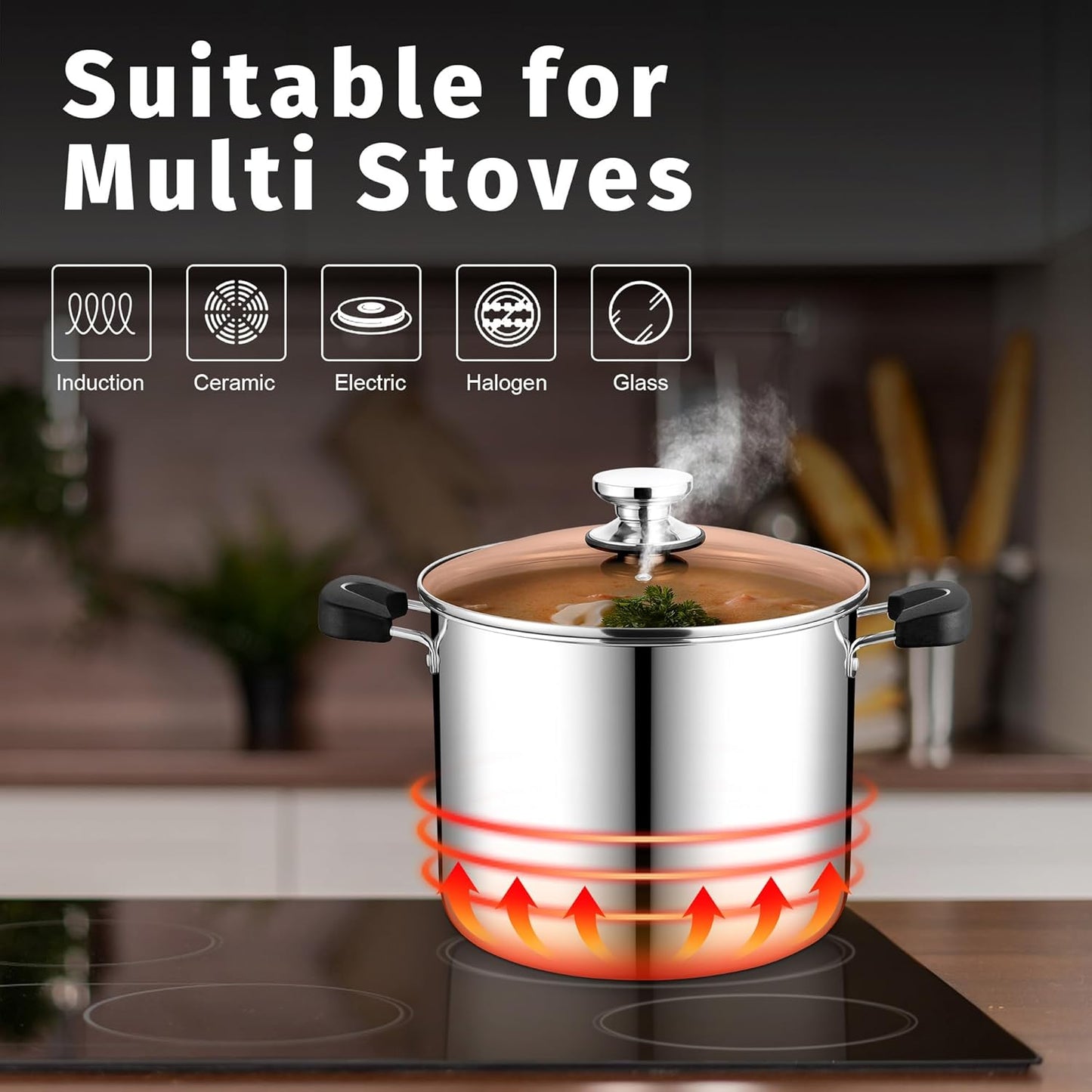 Stainless Steel 3-Ply Sock Pot with Lid, Stockpot for Cooking Pasta & Stewing Soup, Fits Multi Stoves, Heat-Proof Handle & Clear Lid, Heavy Duty & Dishwasher Safe, 10 Quarts