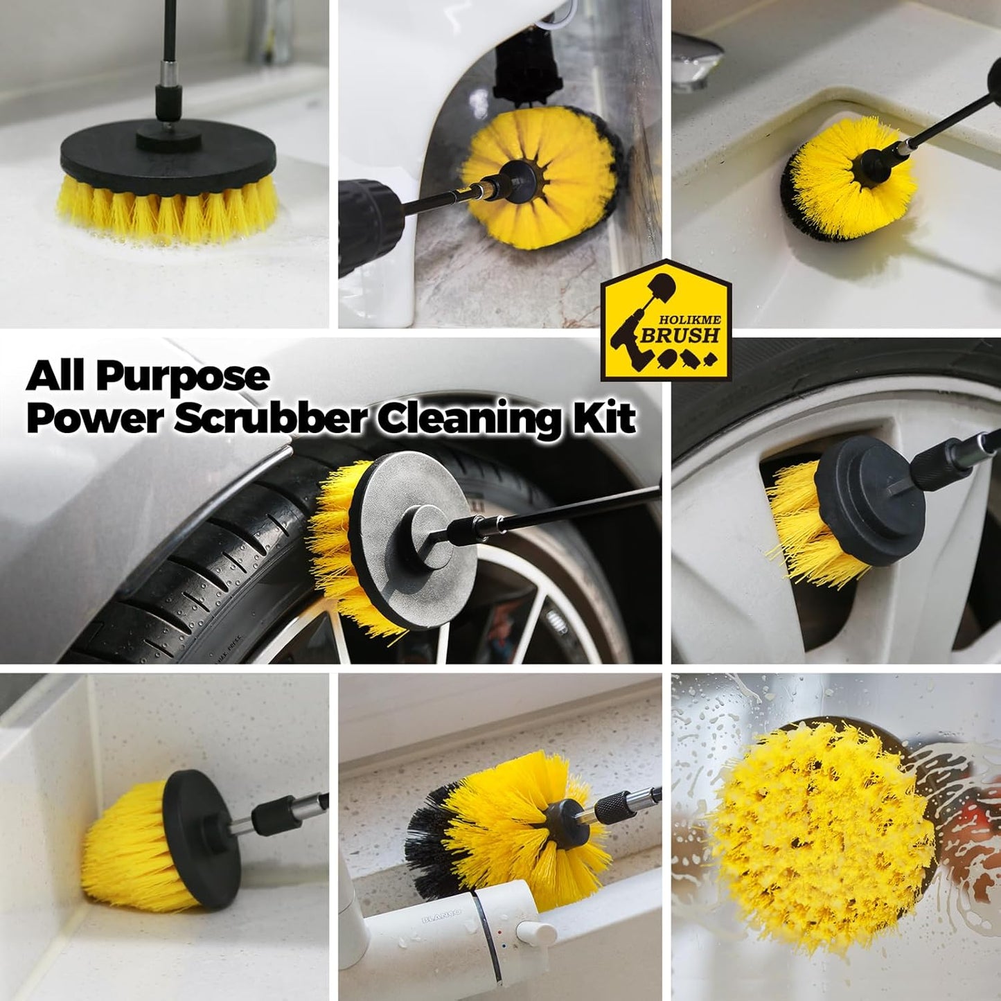 4 Pack Drill Brush Attachments Set, Power Scrubber with Extend Long Attachment,Cleaning Supplies for Bathtub, Shower, Grout, Tile(Yellow)
