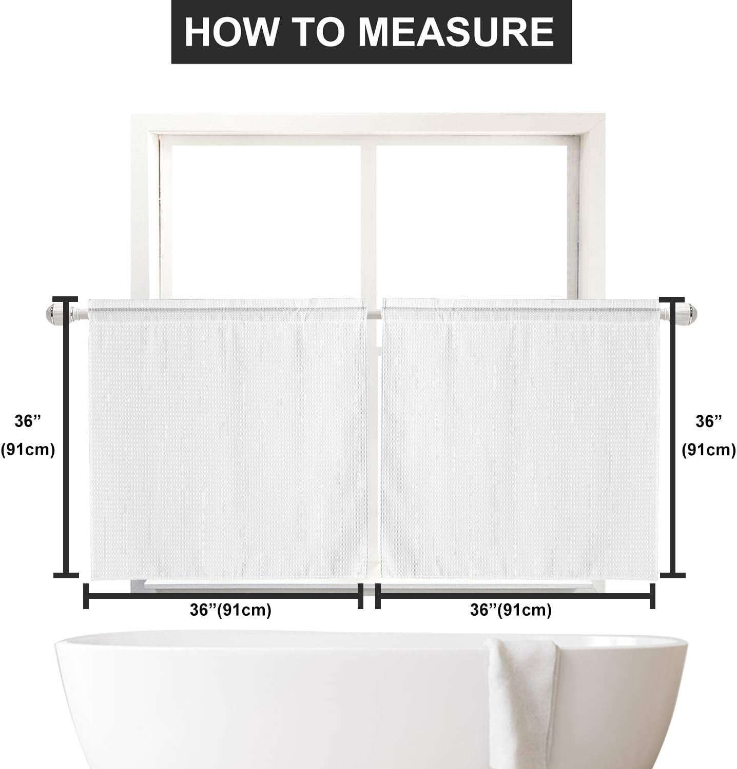 Waffle Weave Half Window Tier Curtains: Small Bathroom Window Curtains Waterproof with 36 Inch Length Short Length for Cafe & Kitchen - White, 36"X36" for Each Panel, Set of 2