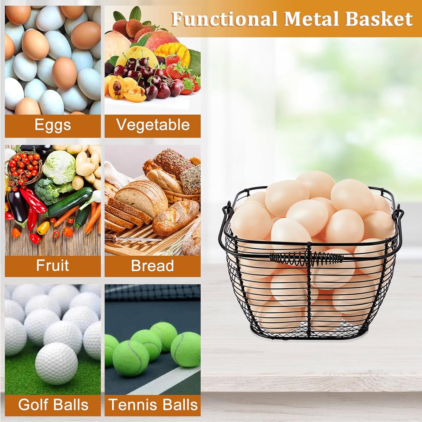 Set of 2 Black Square Wire Egg Baskets with Handles - Ideal for Collecting Fresh Chicken and Duck Eggs, Countertop Storage Solution