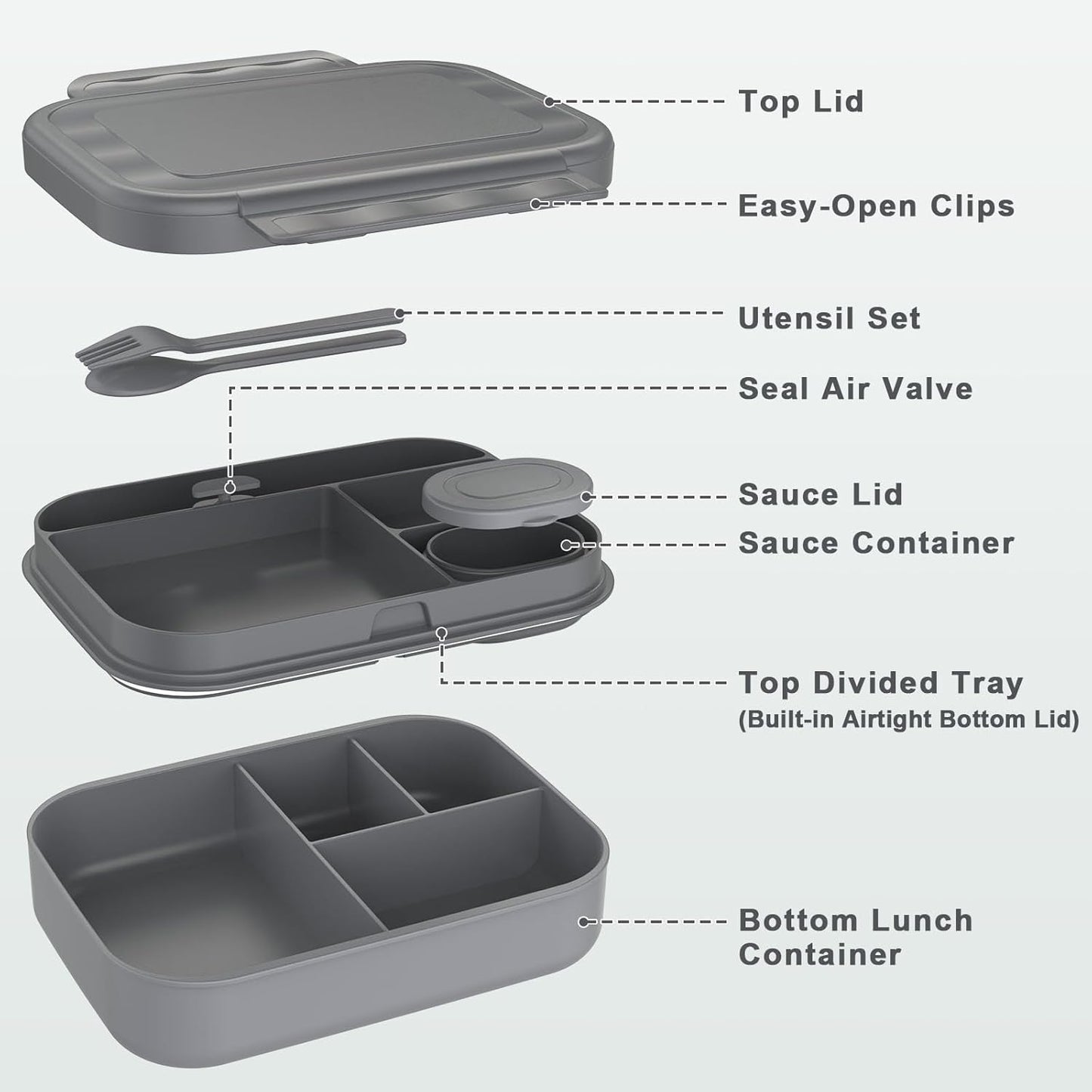 Stackable Bento Lunch Box for Adults and Teens - Durable Leak-Proof 4-Compartment Container with Utensils and Sauce Container, BPA-Free, Dishwasher and Microwave Safe, 47 Oz (Dark Gray)