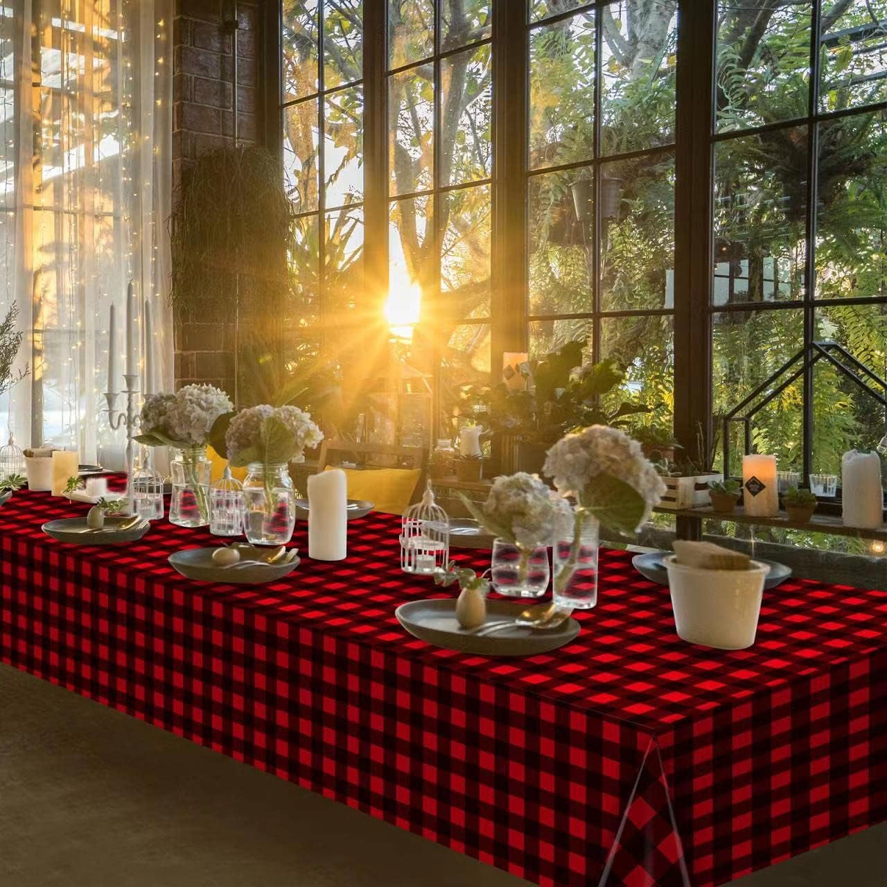 1 Pack Christmas Buffalo Plaid Party Tablecloth Decorations, Disposable Waterproof Red and Black Lumberjack Checkered Plaid Table Cover Backdrop for Christmas Winter Holiday Party Supplies, 54X108Inch