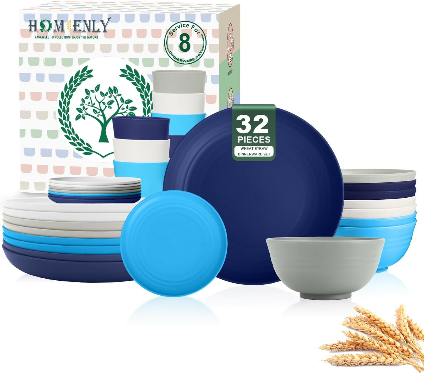 32-Piece Unbreakable Wheat Straw Dinnerware Set - Microwave and Dishwasher Safe Lightweight Plates and Bowls for Kitchen, Camping, and Parties - Island Series