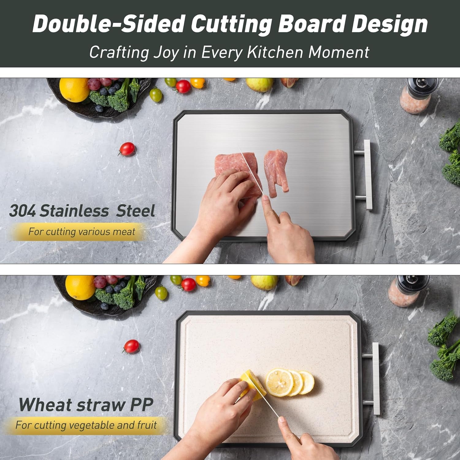 2 in 1 Stainless Steel Cutting Board with Handle Chopping Large Big Small Metal Carving Kitchen Meat Butcher Block Not Titanium Wood Bamboo Glass Marble Stone Rubber Plastic Silicone Acrylic Teak Sink
