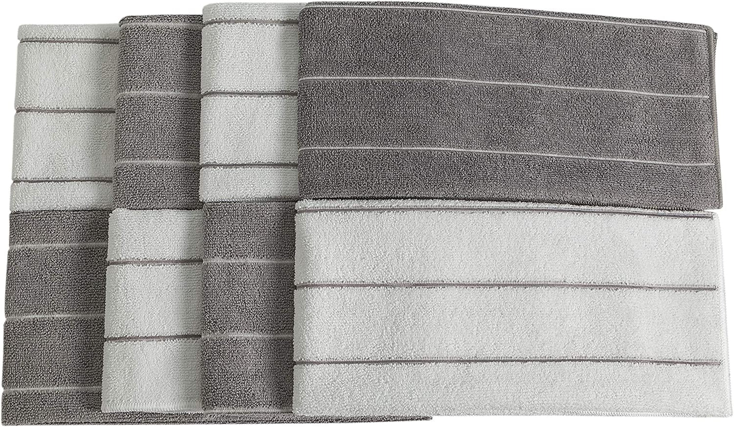 Microfiber Kitchen Towels - Super Absorbent, Soft and Solid Color Dish Towels, 8 Pack (Stripe Designed Grey and White Colors), 26 X 18 Inch