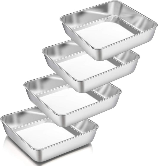 8 Inch Square Baking Pan Set of 4, Square Cake Pans, Stainless Steel Deep Bakeware for Lasagna Bread Brownie, 8”×8”×2”, Leakproof & Heavy Duty, Easy Release & Dishwasher Safe