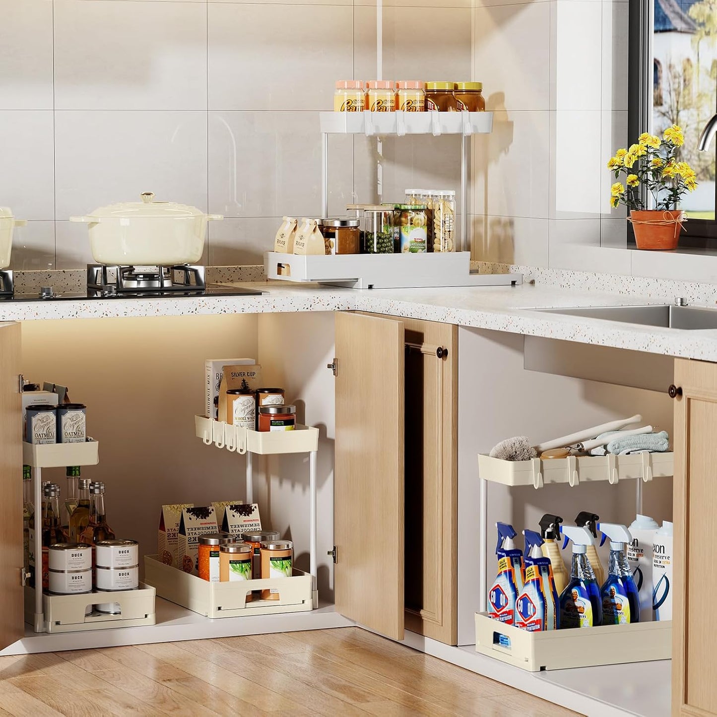 2 Pack under Sink Organizers and Storage, L-Shape Beige under Bathroom Kitchen Sink Organizer with Drawer for under Sink Storage Organizer