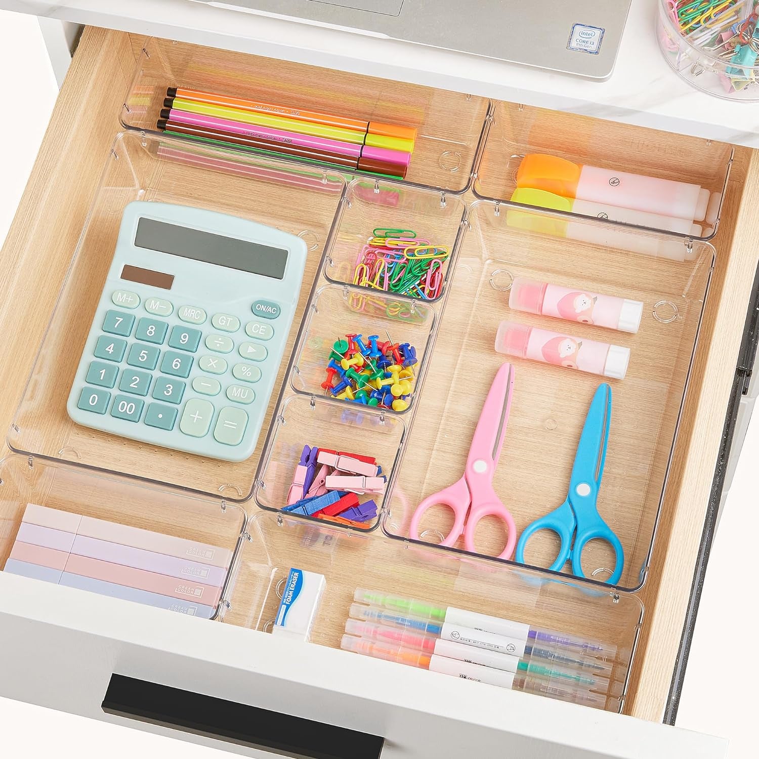 15 PCS Clear Plastic Drawer Organizers Set, 4-Size Versatile Bathroom and Vanity Organizer Trays, Non-Slip Storage Containers for Makeup, Jewelries, Bedroom,Kitchen Utensils and Office