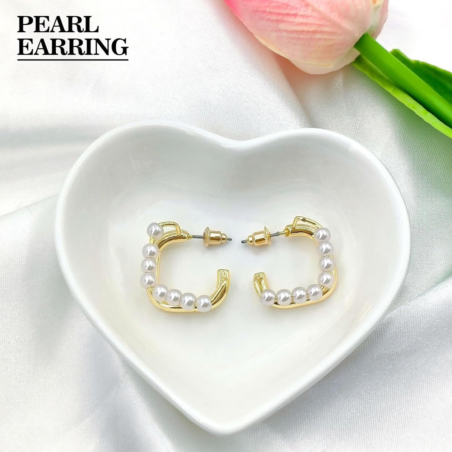 Pearl Hoop Stud Earrings for Women, 14K Gold Square Double Hoop Earrings Dainty Lightweight Studs Jewelry Graduation Birthday Gift for Girls Trendy Earring