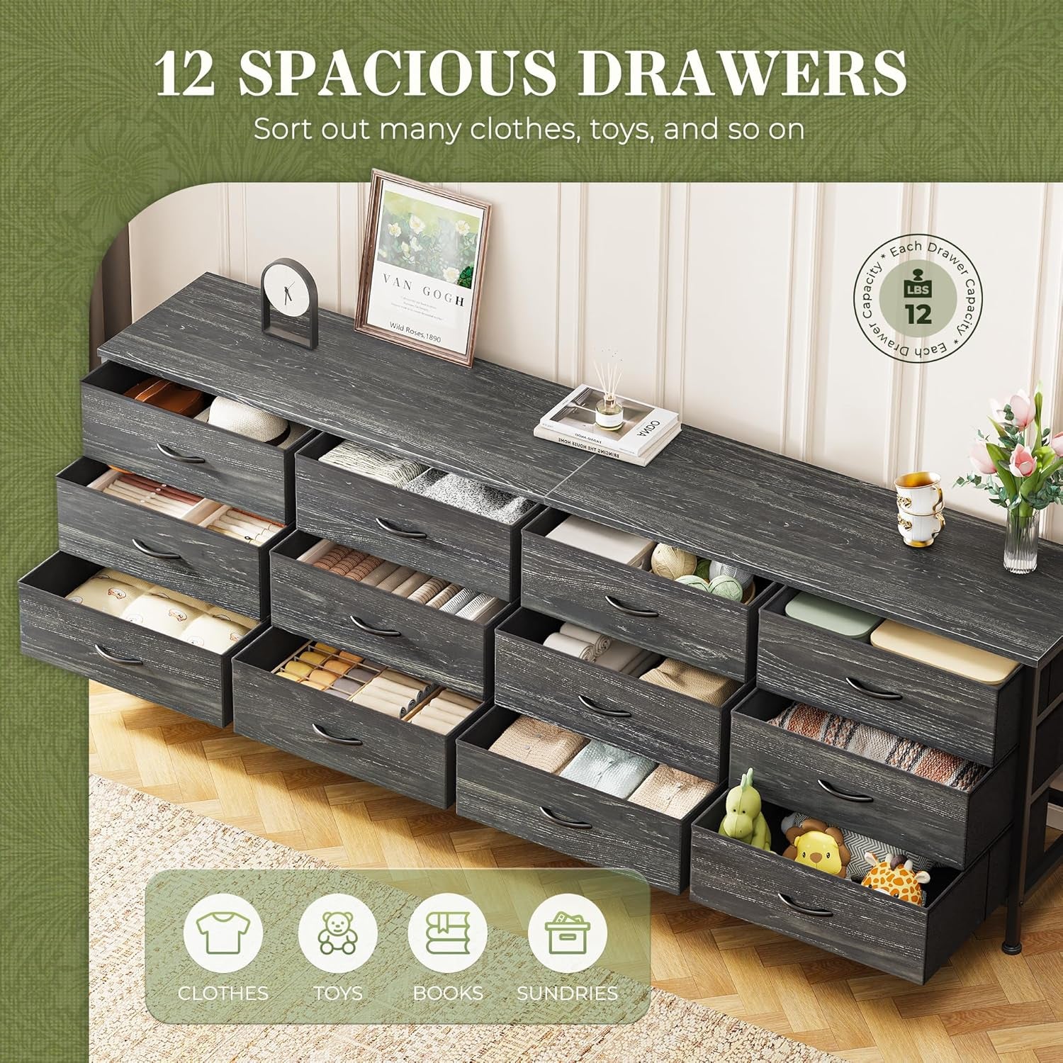 70-Inch Charcoal Black Wood Grain Dresser and TV Stand for 65-80 Inch TVs with 12 Fabric Drawers - Large Storage Organizer Unit for Bedroom