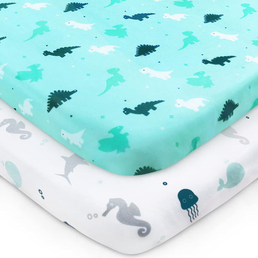 Pack and Play Sheets Fitted, Mini Crib Sheets 2 Pack, Playard Sheets Compatible with Graco Pack N Play, Ultra Soft Breathable Material, Dinosaurs