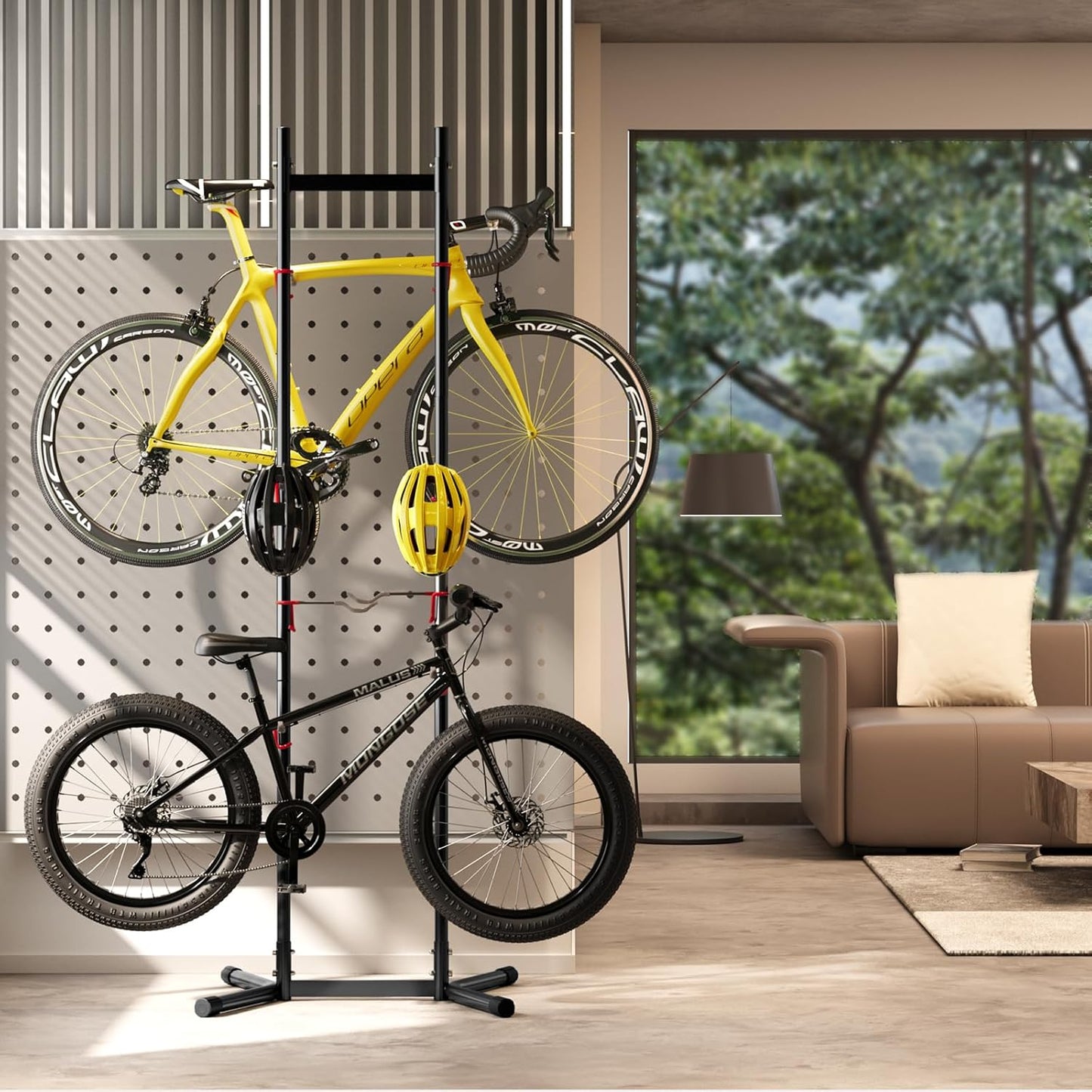 2-4 Bike Storage Rack Garage Max154Lbs, Freestanding Indoor Bike Rack with Adjustable Hooks, Vertical Bike Floor Stand for Road, Mountain and Hybrid Bike, Black