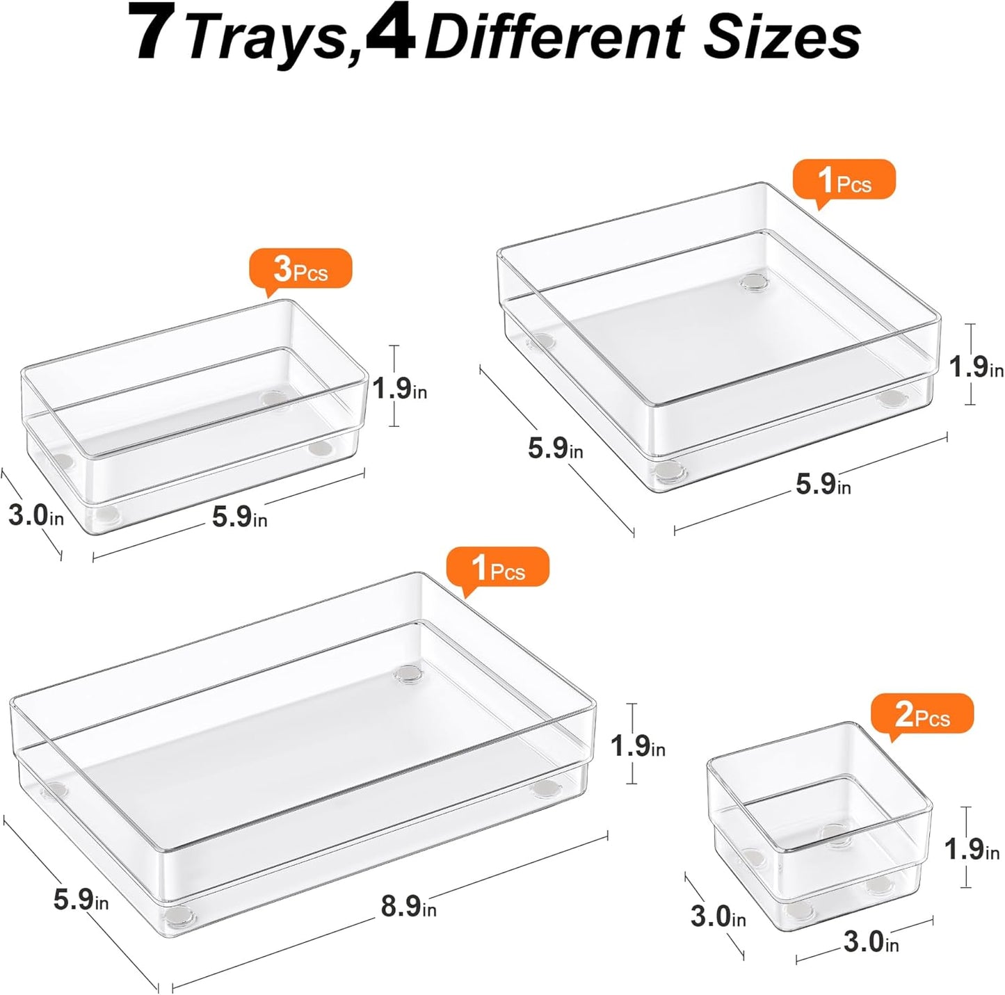 7-Piece Drawer Organizer with Non-Slip Silicone Pads, 4-Size Desk Drawer Organizer Trays Storage Tray for Makeup, Jewelries, Utensils in Bedroom Dresser, Office and Kitchen (Clear)