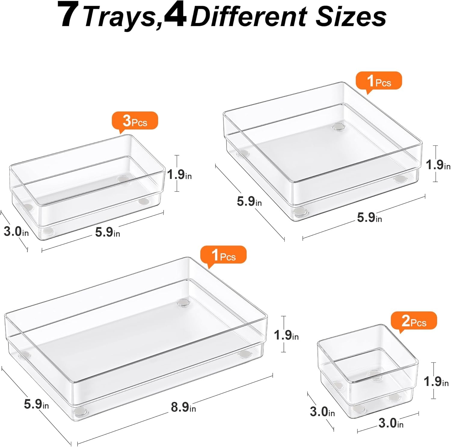 7-Piece Drawer Organizer with Non-Slip Silicone Pads, 4-Size Desk Drawer Organizer Trays Storage Tray for Makeup, Jewelries, Utensils in Bedroom Dresser, Office and Kitchen (Clear)