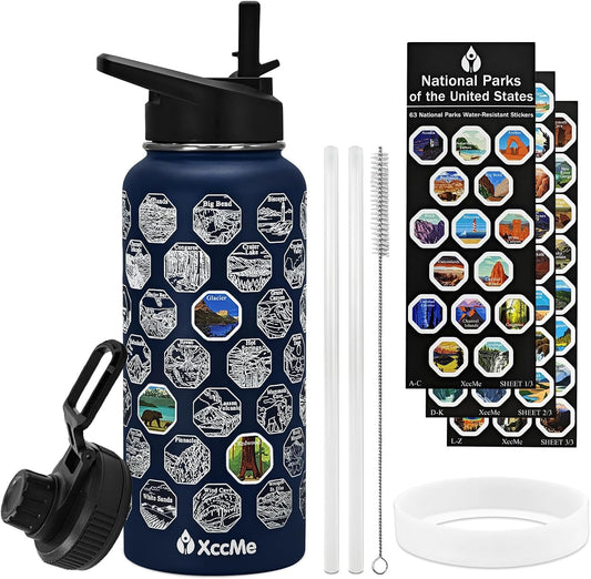 National Parks Water Bottle with Stickers,32 Oz Stainless Steel Insulated Water Bottle with Straw,2 Lids,Leak Proof Metal Water Cup for Hiking,Travel,Sports,Camping,Wide Mouth Bottle