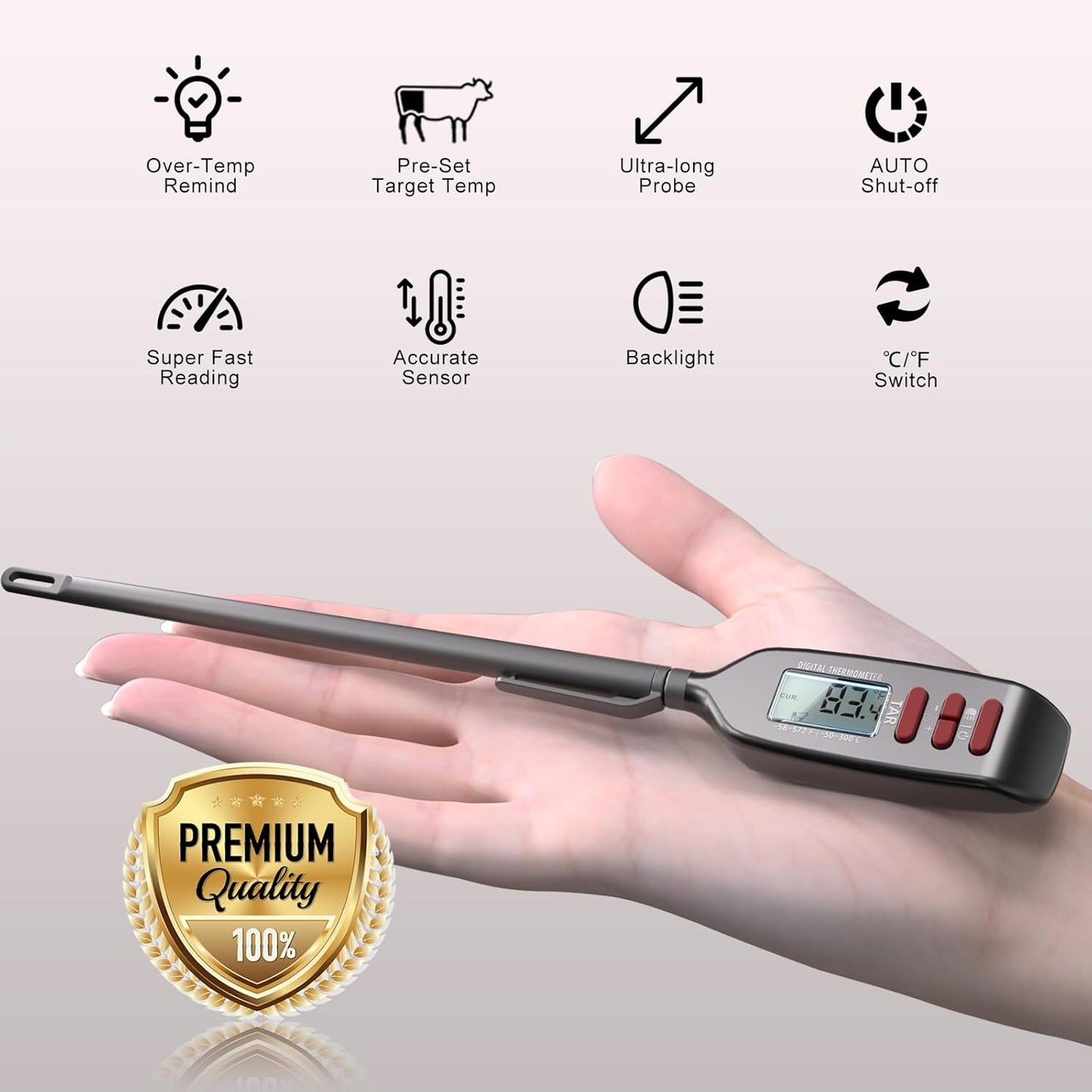 Meat Thermometer Digital, Smart Instant Read Food Thermometer with Super Long Probe for Cooking Grilling Baking Kitchen Candy BBQ Oil Liquid, Backlit Display, Battery Included