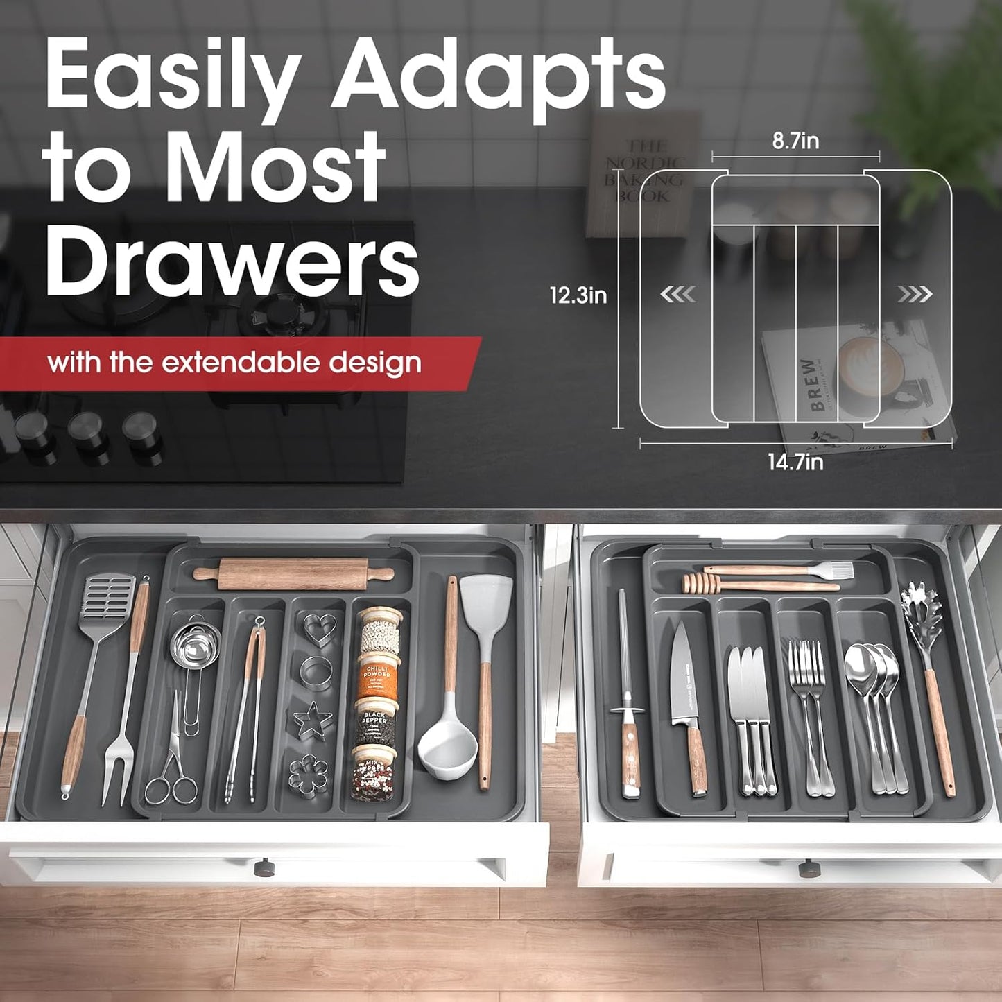 Silverware Organizer - Expandable Kitchen Drawer Organizer, Adjustable Utensil Organizer, Cutlery Tray for Forks, Knives, Multipurpose Kitchen Organizers and Storage Solution, Grey, Medium