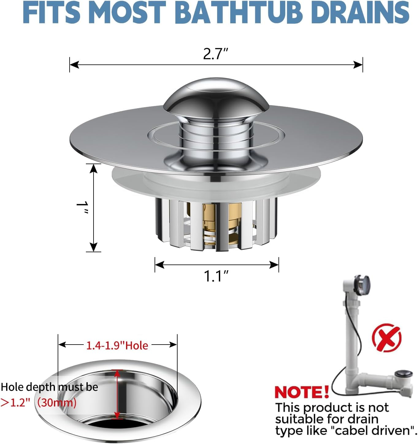 Universal Bathtub Drain Stopper, Tub Stopper Bathtub Drain, Pop up Tub Drain Hair Catcher, Replaces Bath Tub Lift and Turn, Tip-Toe and Trip Lever