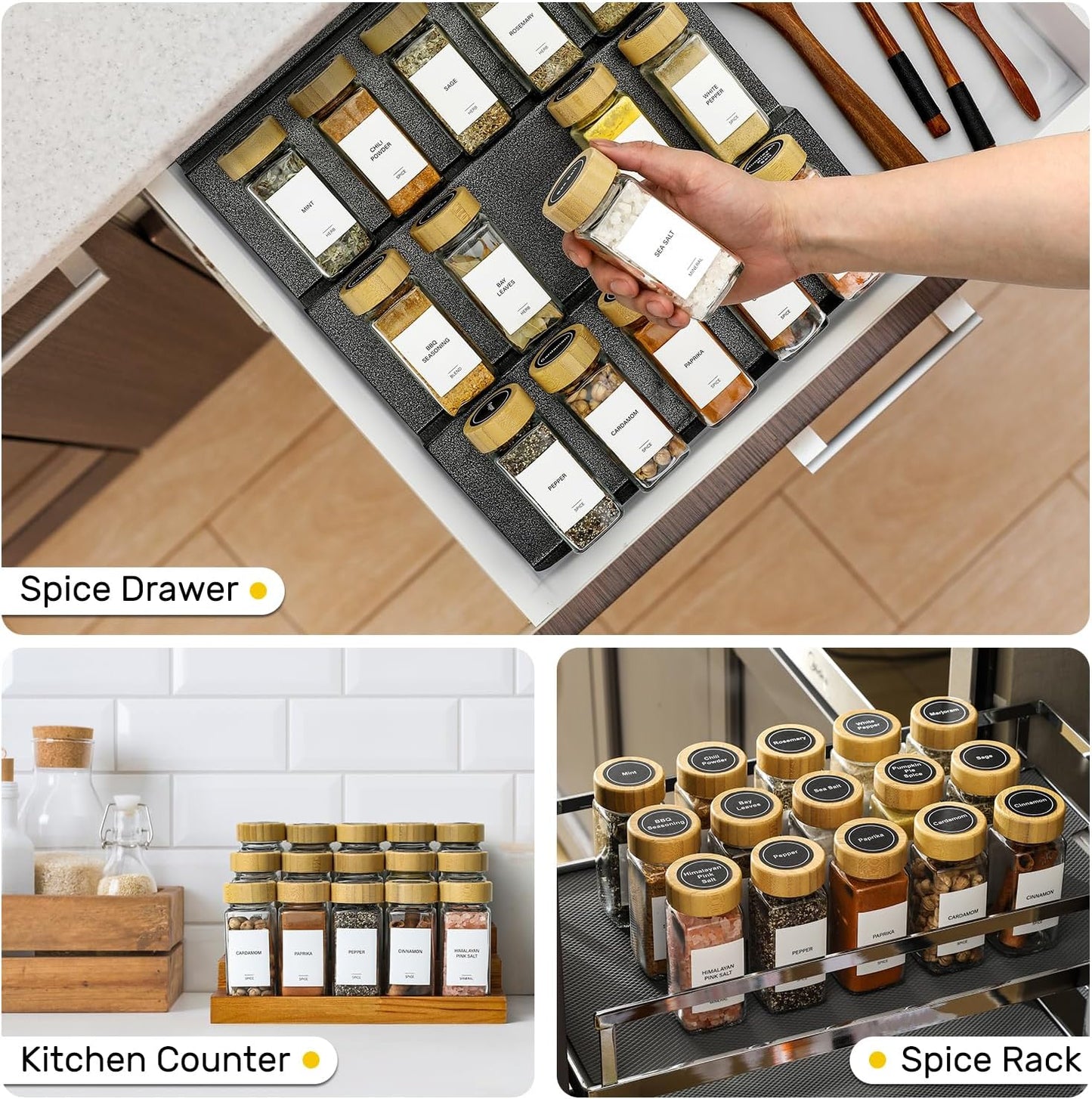 14 Pcs Spice Jars with Bamboo Lids - 4Oz Square Spice Bottles with Spice Labels, Shaker Lids, Funnel