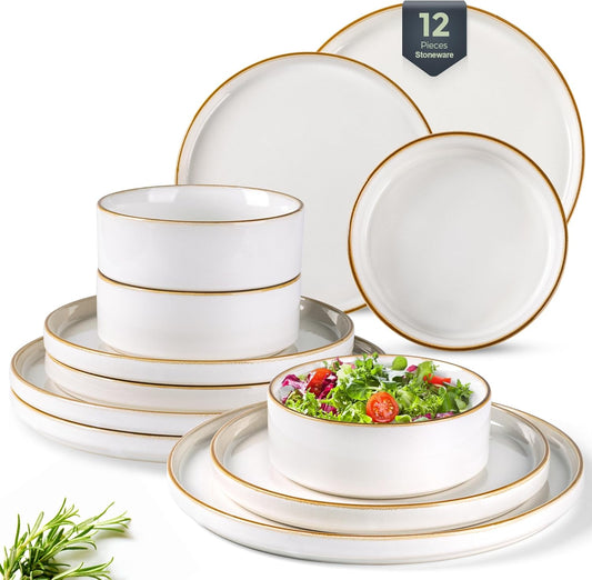 Ceramic Dinnerware Set for Four - 12 Piece Stoneware Collection with Reactive Glaze, Scratch Resistant, Dishwasher and Microwave Safe, Pearl White