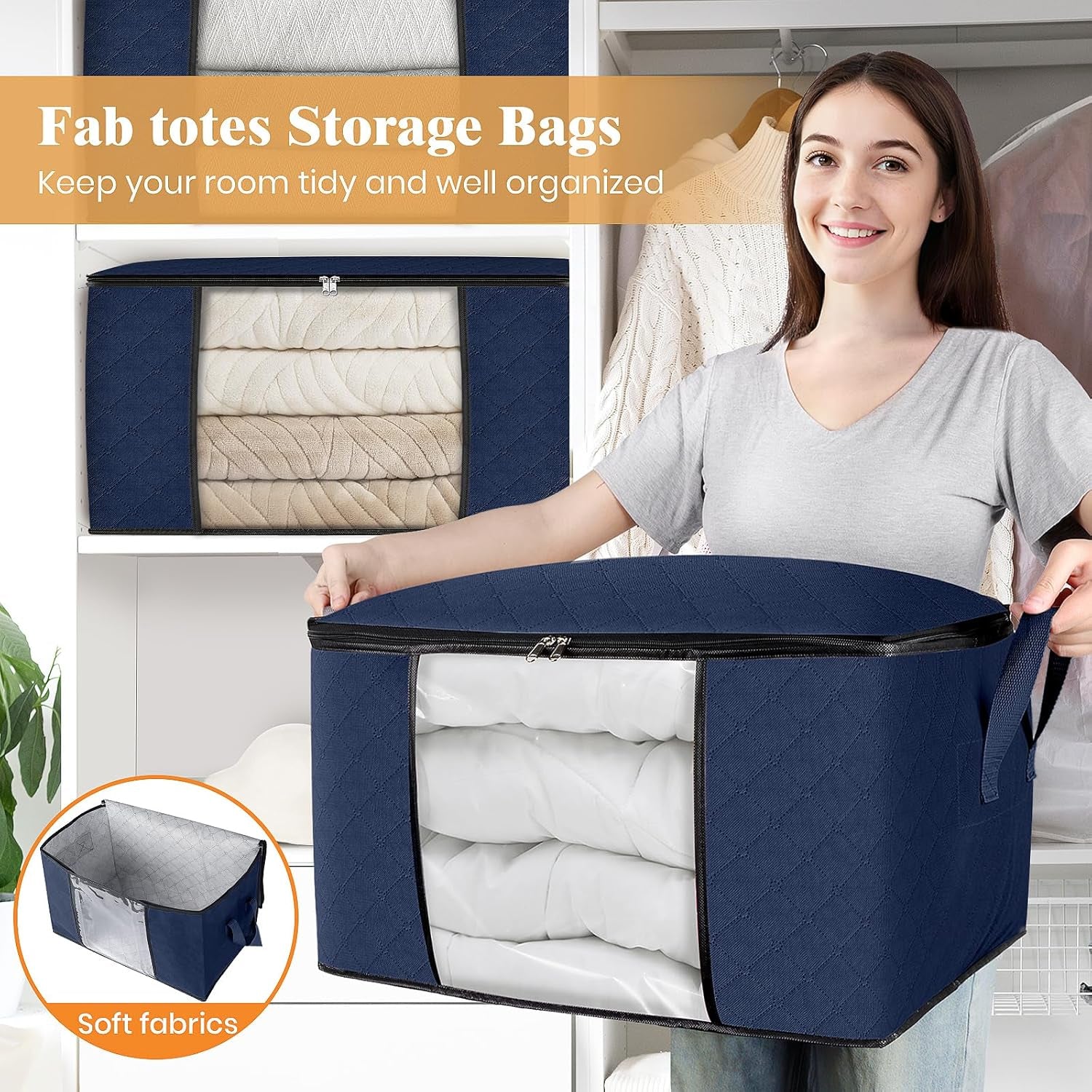 2 Pack Clothes Storage, Foldable Thick Fabric Blanket Storage Bags, Containers for Organizing Bedroom, Closet, Clothing, Comforter,Closet Organization with Handle,Blue