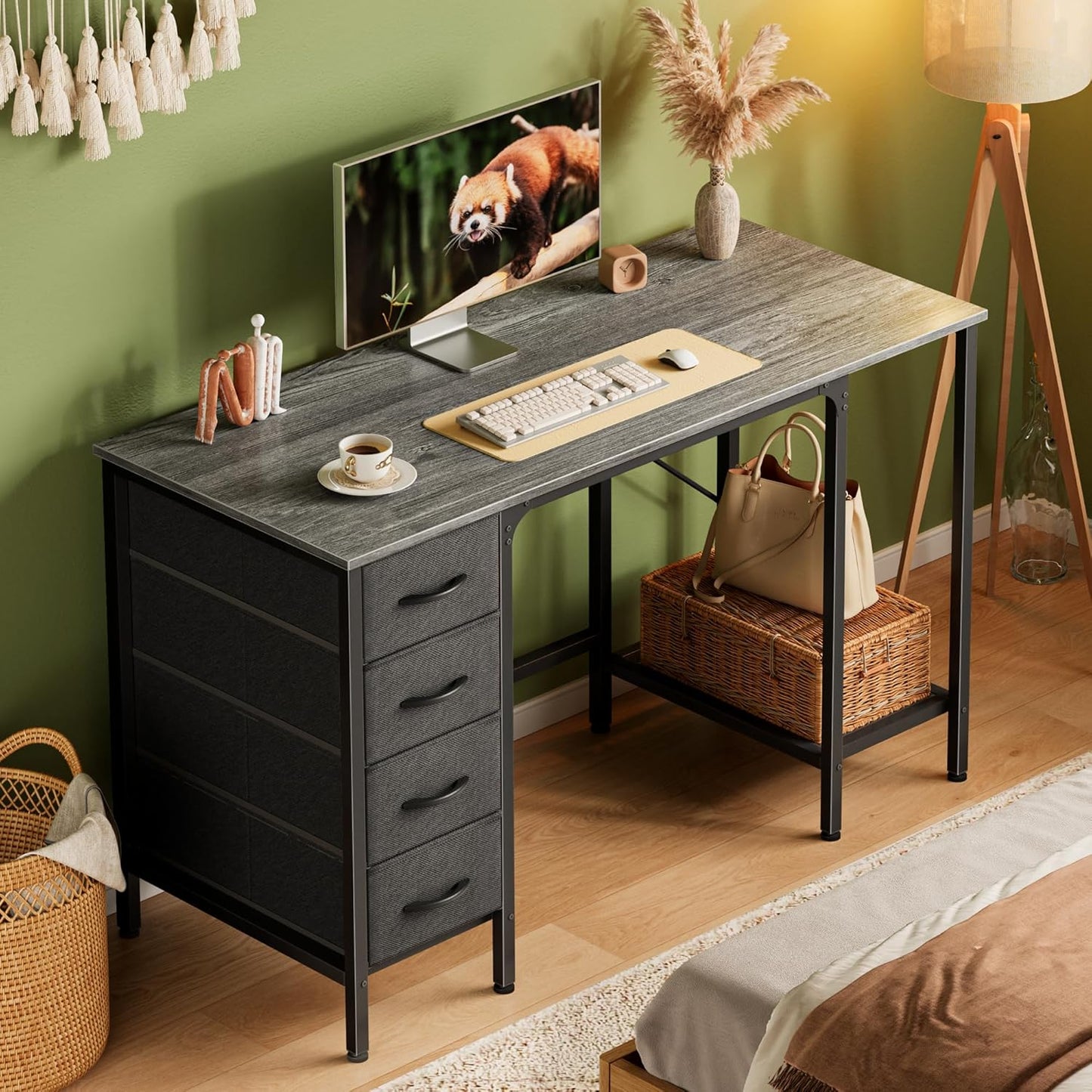 47-Inch Executive Computer Desk with Four Drawers and Mesh Shelf - Versatile Office and Gaming Workstation for Home, Study, and Bedroom, Grey