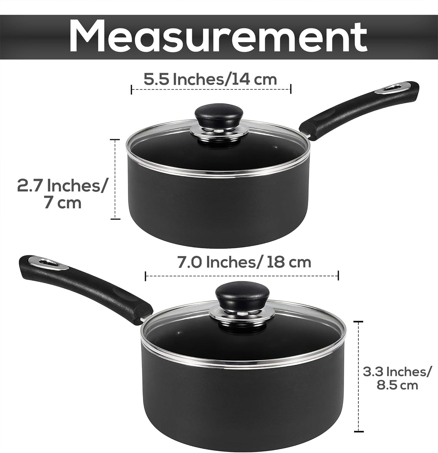 Nonstick Saucepan Set, Cooking Pots with Lids, 1 Quart and 2 Quarts Multipurpose Kitchen Small Pots for Cooking Nonstick with Lids, 1 Qt & 2 Qt Set, Grey & Black