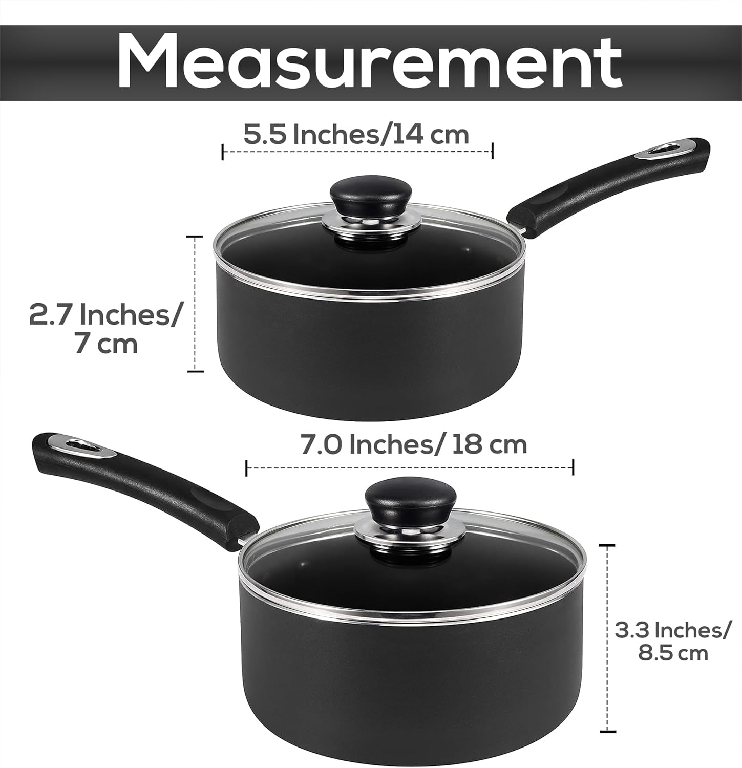 Nonstick Saucepan Set, Cooking Pots with Lids, 1 Quart and 2 Quarts Multipurpose Kitchen Small Pots for Cooking Nonstick with Lids, 1 Qt & 2 Qt Set, Grey & Black