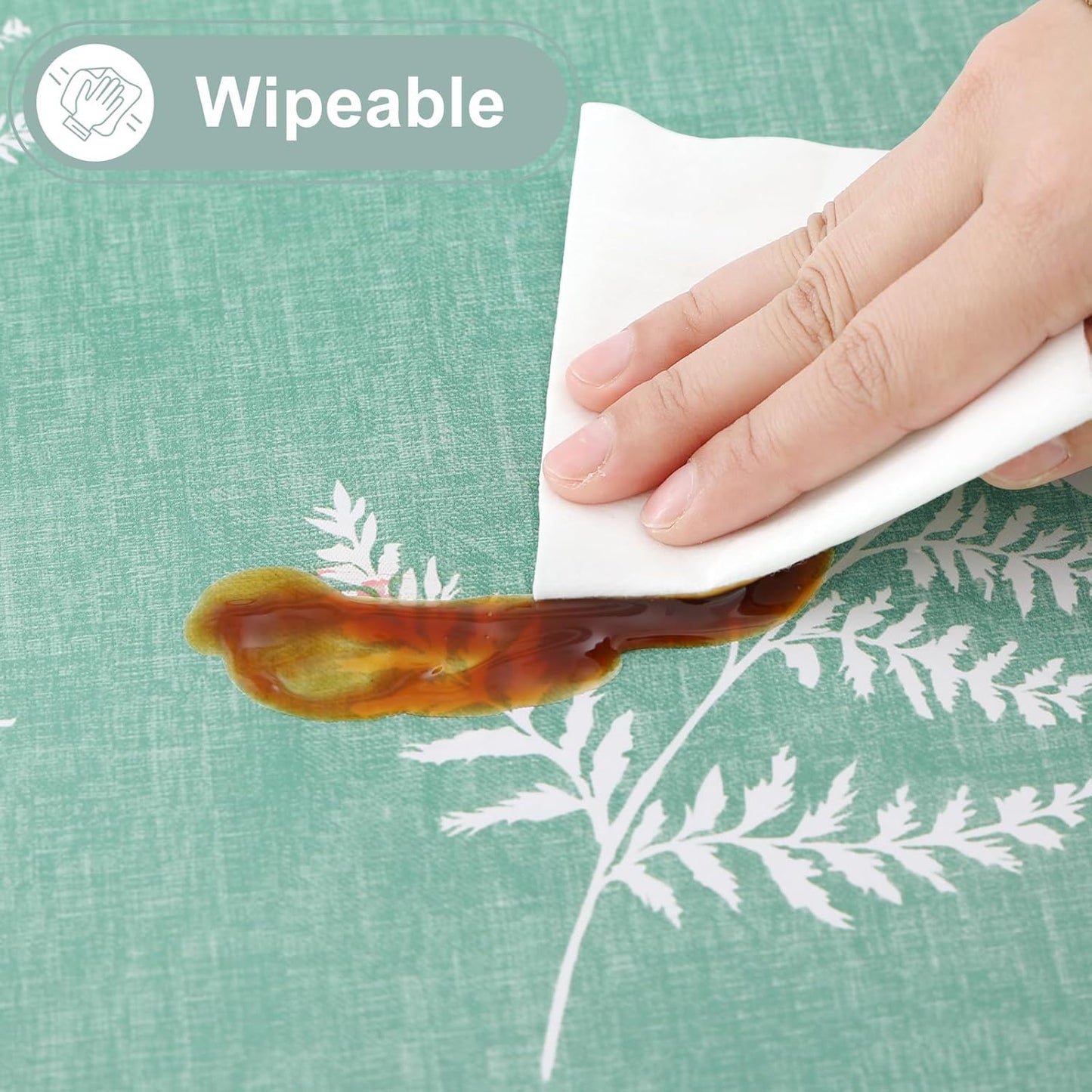 Rectangle Waterproof Vinyl Table Cloth, Wipeable Tablecloth with Flannel Backing, Plastic Table Cover for Dinner, Picnic, Indoor and Outdoor (Light Green Leaves, 60" X 84")