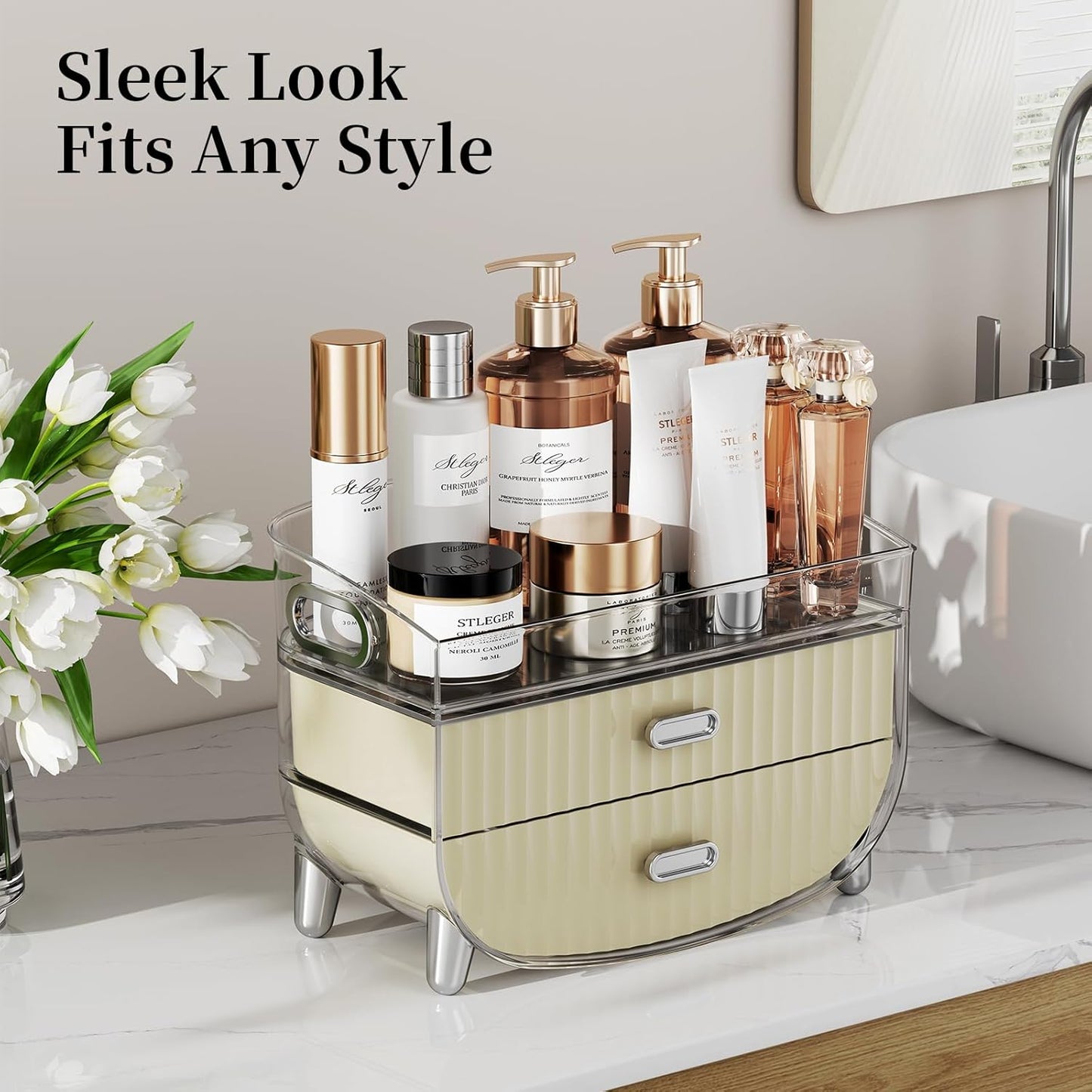 Makeup Organizer with 2 Drawers, Bathroom Storage with Four Non-Slip Feet and Dust-Proof, Simple and Stylish for Desktop, Vanity, Bathroom Countertops, White