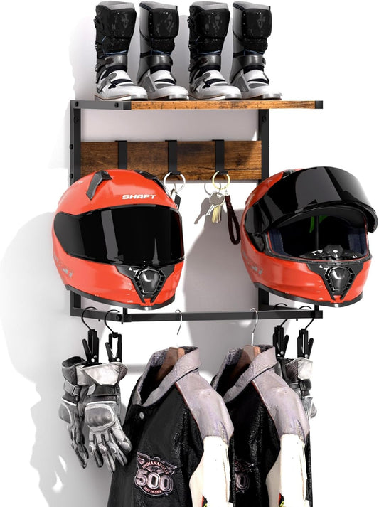 Motorcycle Helmet Holder Wall Mount, Helmet Rack with 2 Hat Stands, Helmet Stand for Display Wall Mount, Motorcycle Accessories Gear Storage for Men, Small