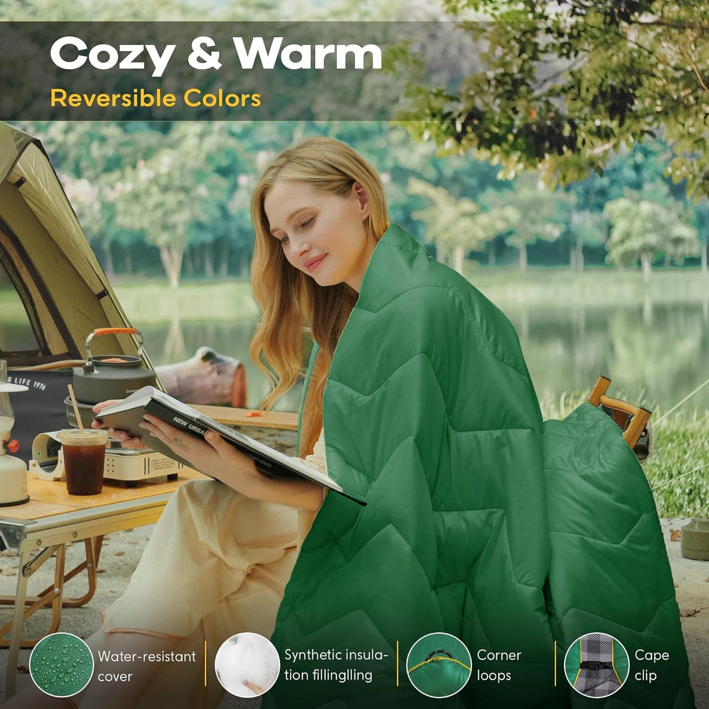 Lightweight & Waterproof Outdoor Camping Travel Blanket, Puffy down Alternative with Corner Loops, 75"52", Green