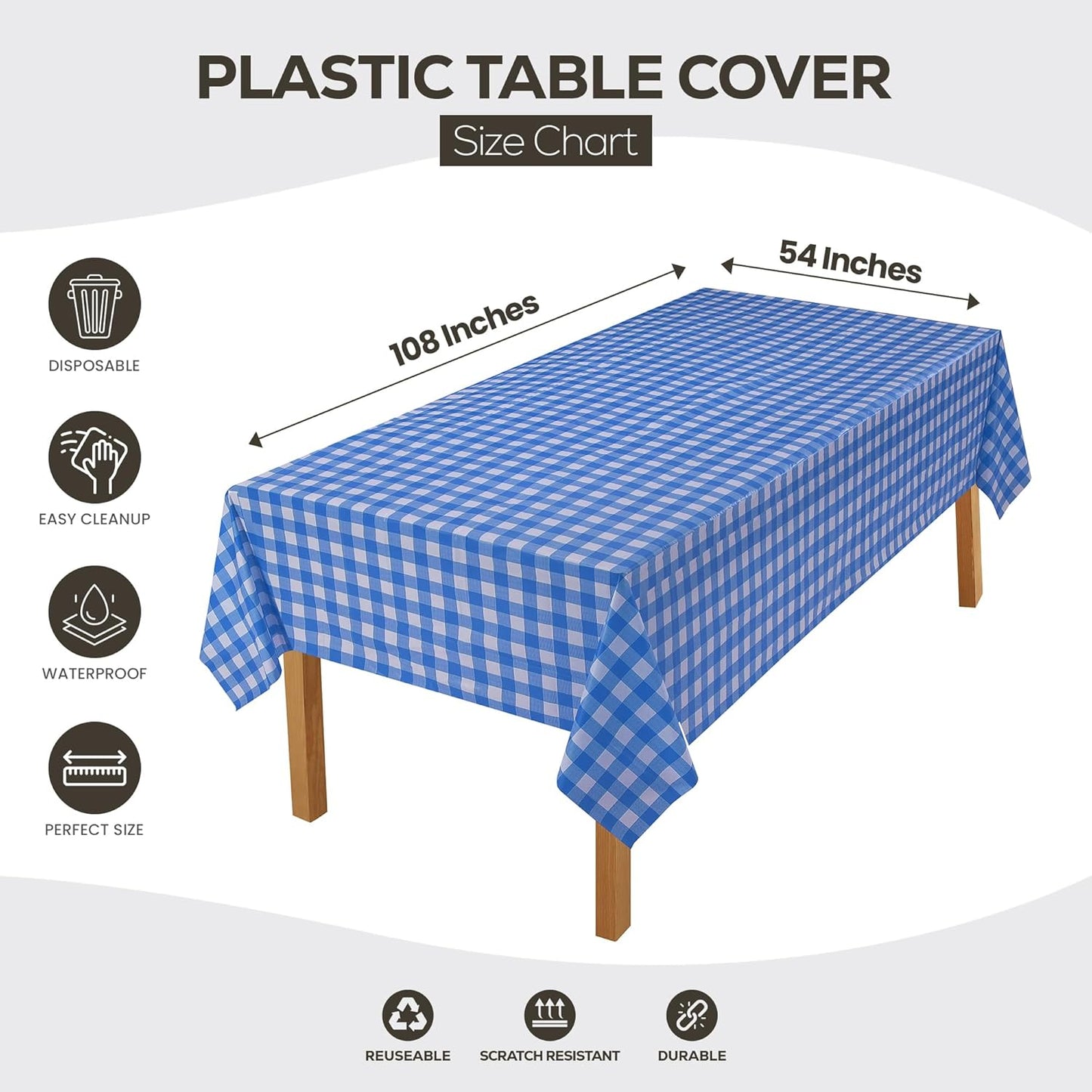 Plastic Table Cloth Disposable (12 Pack - 54X108 Inch) Blue Check Rectangle Tablecloth Waterproof Stain Resistant Party Table Cover