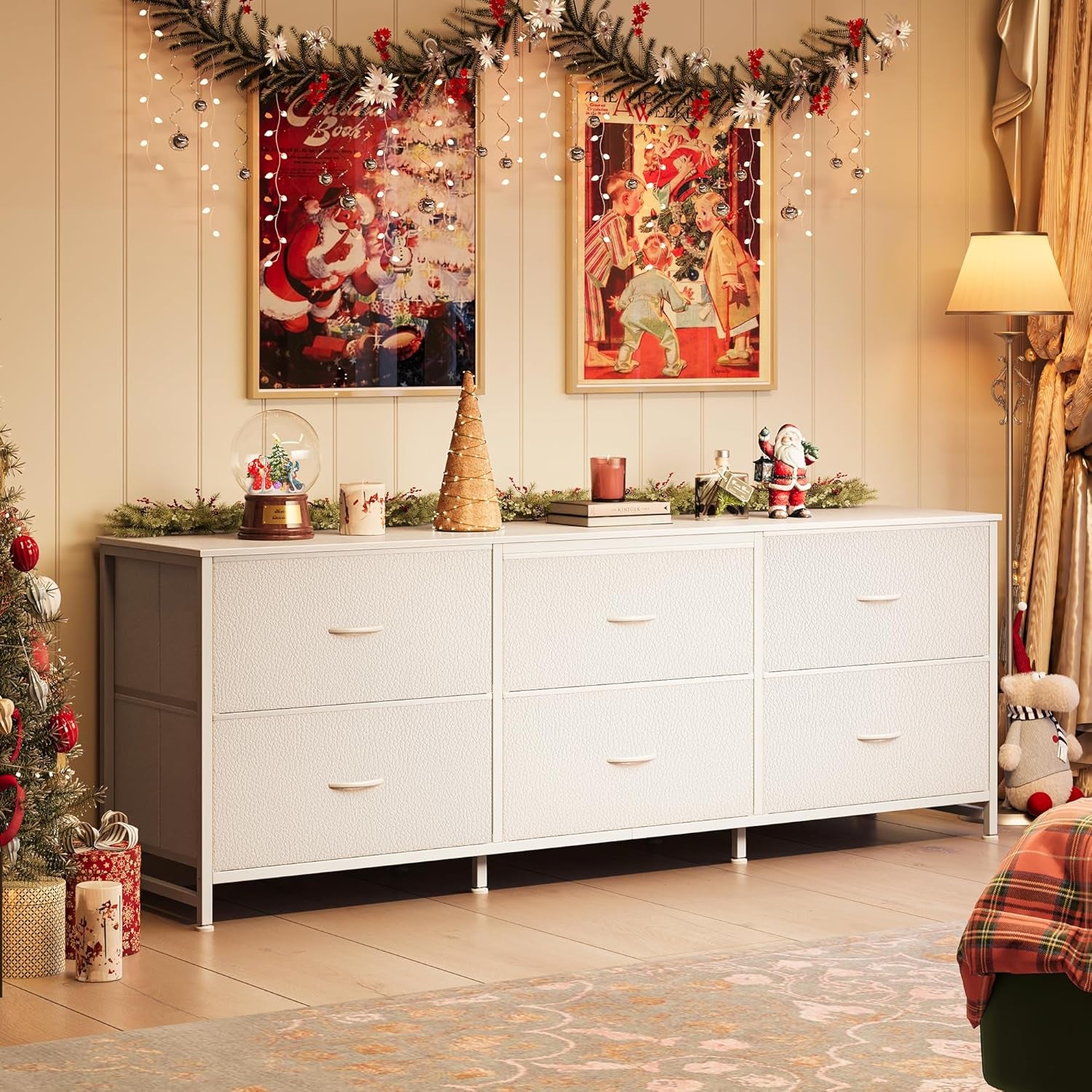 63-Inch Long Dresser and TV Stand for 55 to 70 Inch TVs, 6-Drawer Storage Organizer with Fabric Drawers, PU Leather Finish, Ideal for Bedroom and Entryway, White